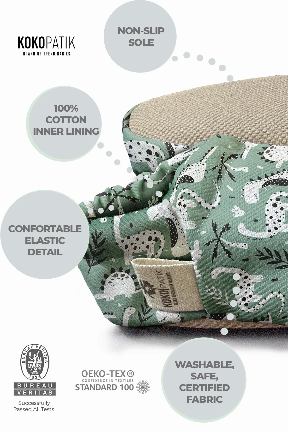 Kokopatik Non-Slip Sole, Indoor/Creche Booties, Unisex Baby Booties, Cotton Newborn Shoe, Green Dino Pattern