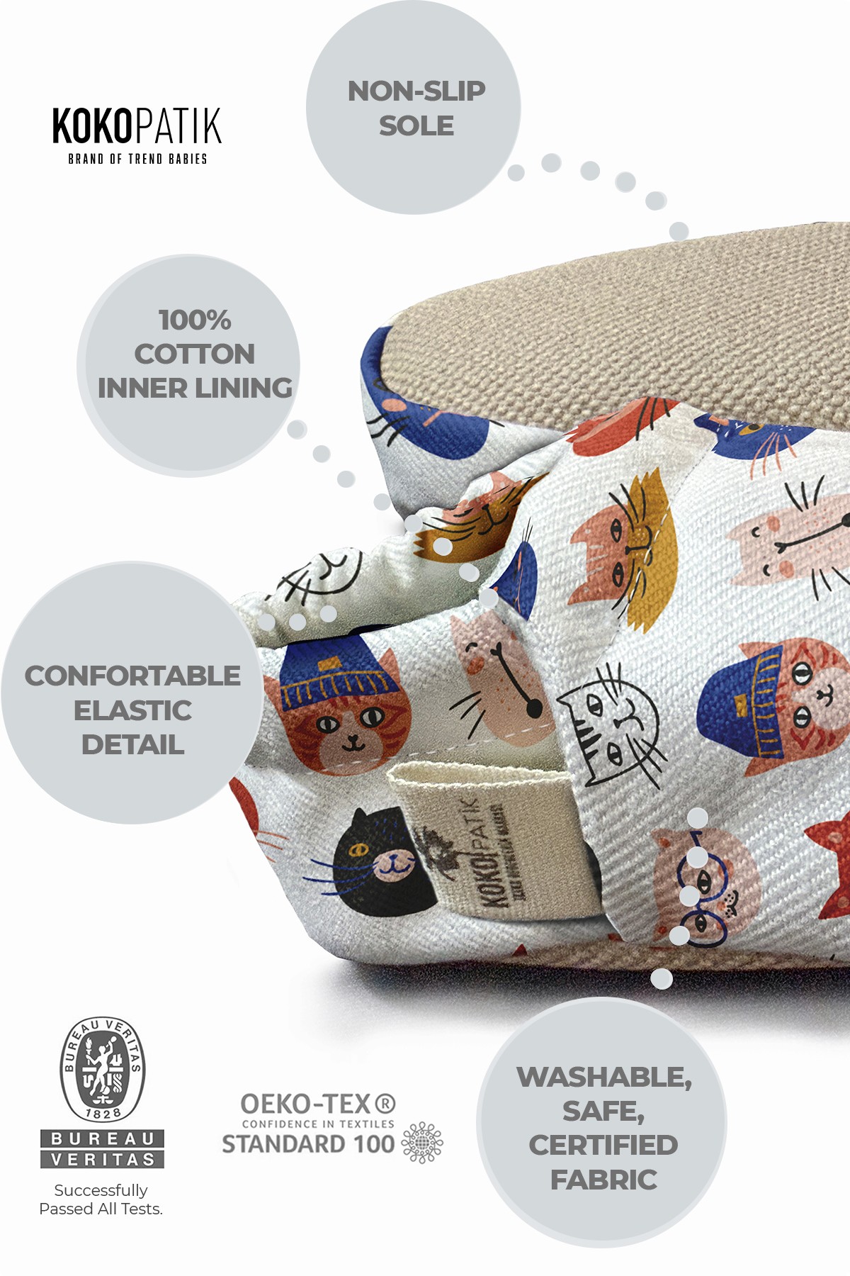 Kokopatik, Non-Slip Sole, Organic Cotton Lined Home Slippers, First Step Shoes, Cat Head Patterned Slippers