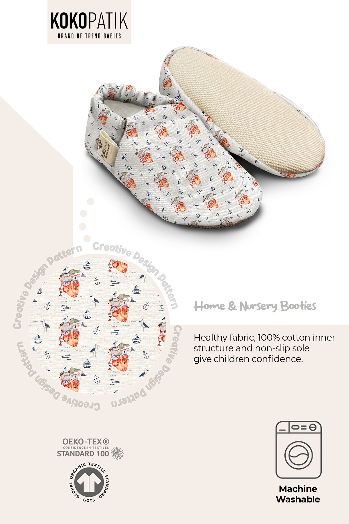 Kokopatik, Organic Cotton Baby Booties, Non-Slip Sole, Newborn Booties, Home Nursery Shoes, Shipmates Pattern Booties