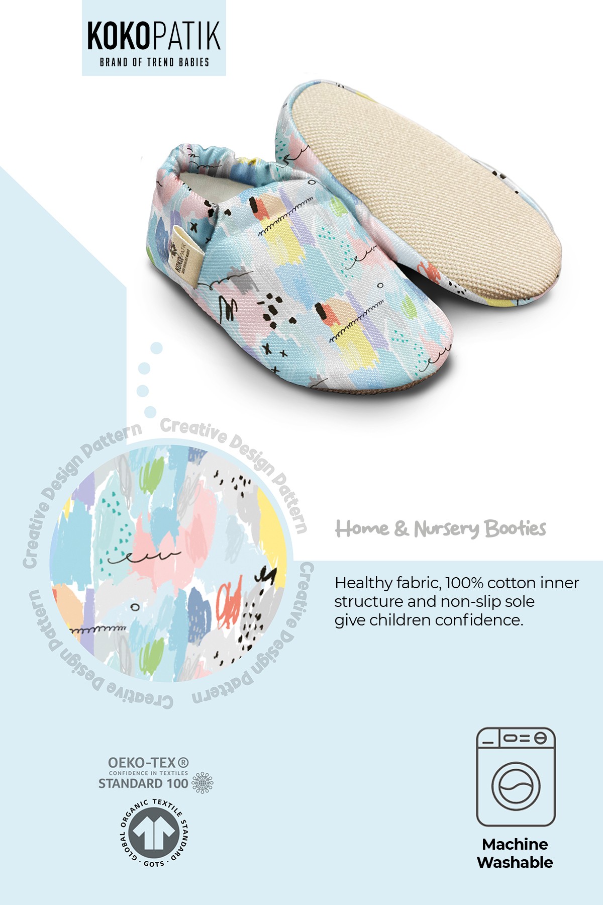 Kokopatik, Non-Slip Sole, Home Nursery Booties, Unisex Baby Booties, Cotton Newborn Booties, Colorful Patterned Booties