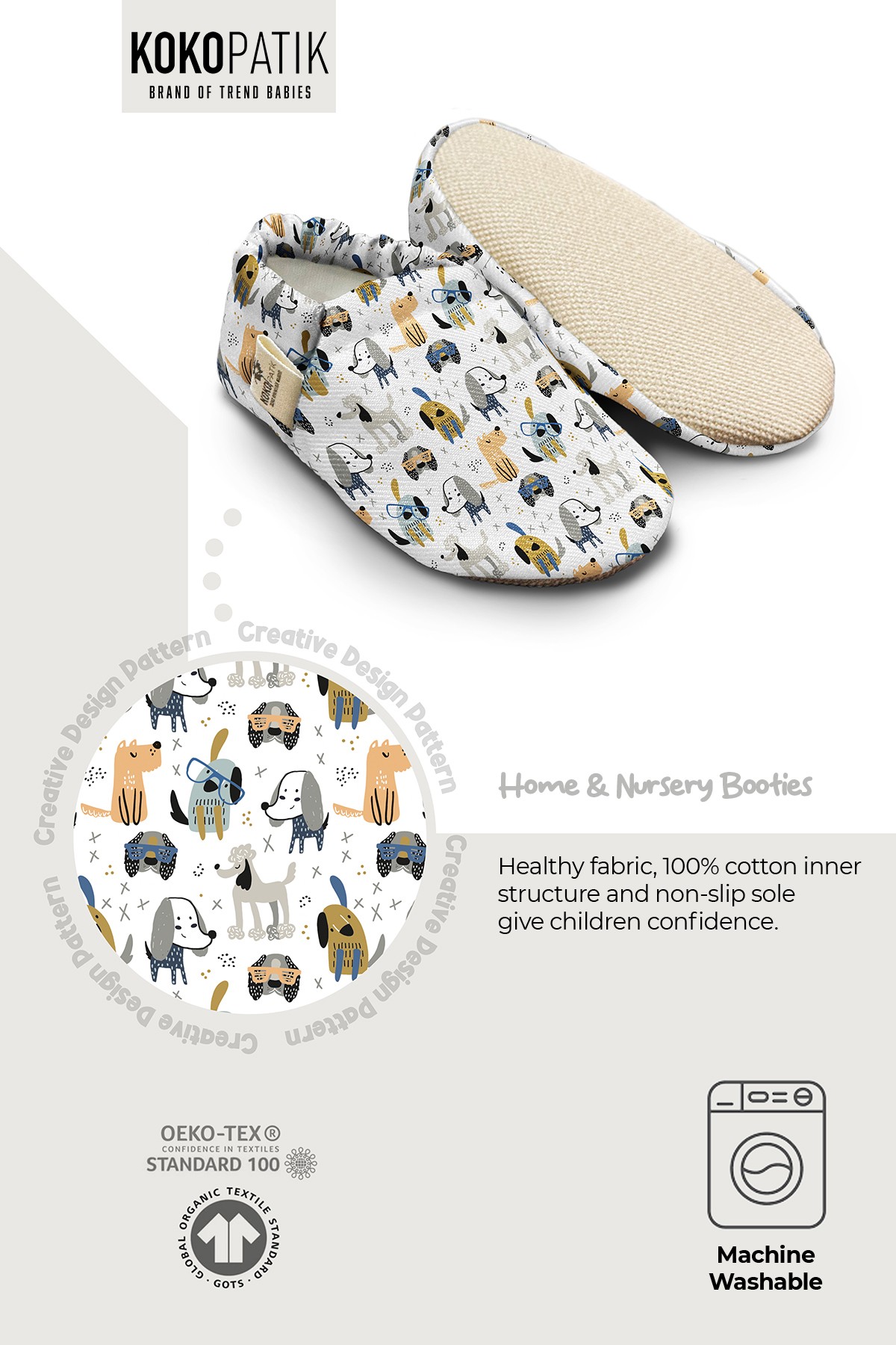 Kokopatik, Organic Cotton Baby Booties, Non-Slip Sole, Newborn Booties, Home Nursery Shoes, Glasses Dog Pattern Booties