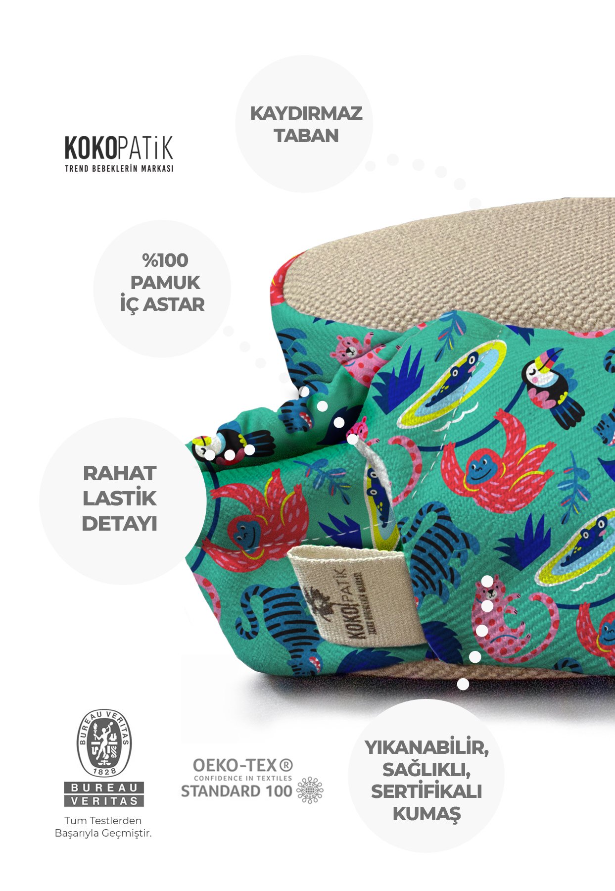 Kokopatik,Organik Pamuk Bebek Patiği,Kaydırmaz Taban,Yenidoğan Patik,Ev Kreş Ayakkabısı,Orman Çılgınları Desen Patik