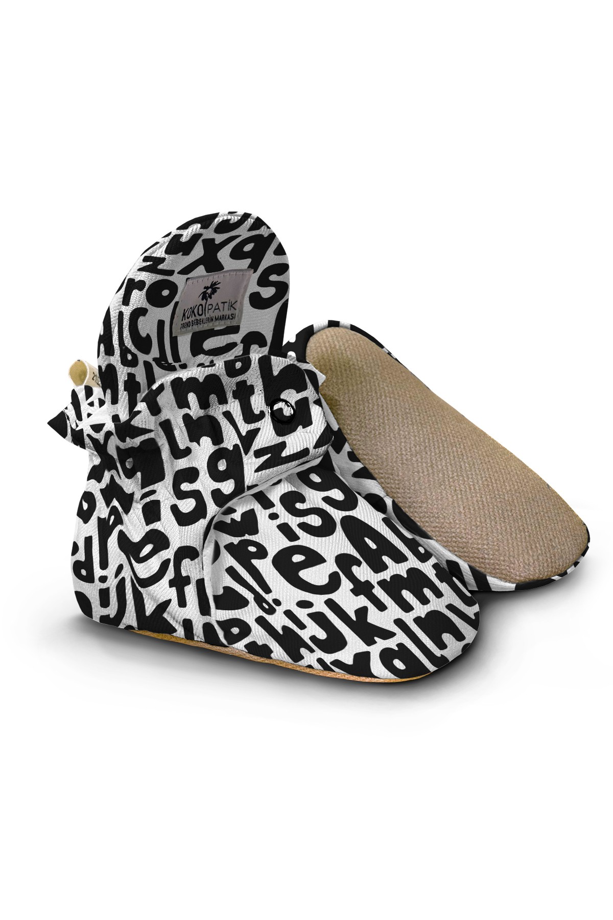 Kokopatik, Non-Slip Sole, Organic Cotton Lined, Unisex Baby Booties, Alphabet Patterned Booties