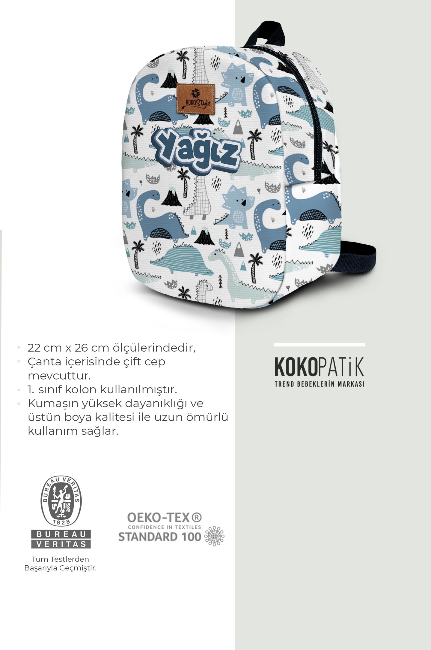 Kişiye Özel İsimli - Dinozor Desenli Küçük Boy Kreş Çantası