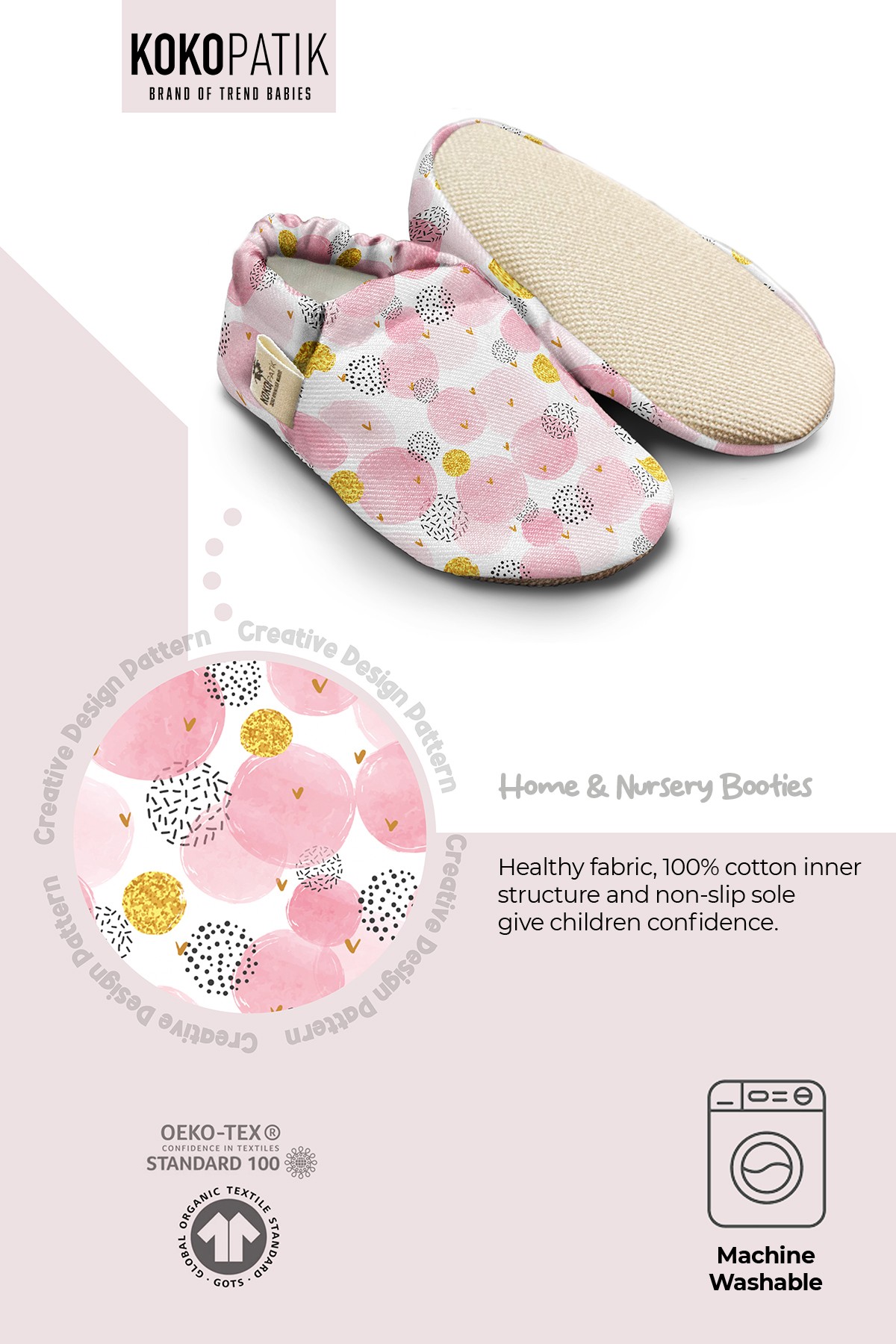 Kokopatik, Non-Slip Sole, Home Nursery Booties, Unisex Baby Booties, Cotton Newborn Booties, Pink Bubble Patterned Booties