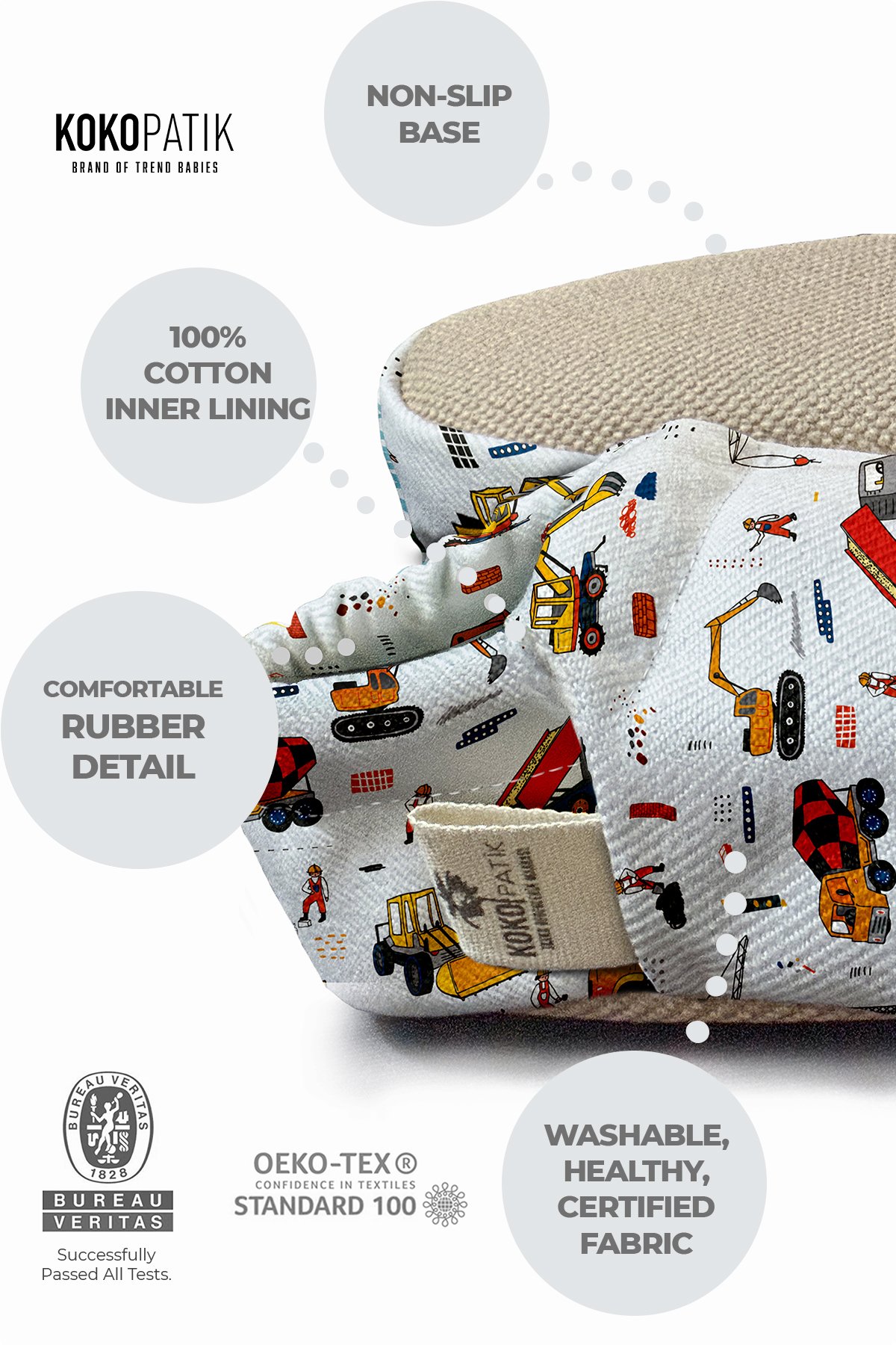 Kokopatik, Non-Slip Sole, Organic Cotton Lined Home Slippers, First Step Shoes, Construction Site Patterned Slippers