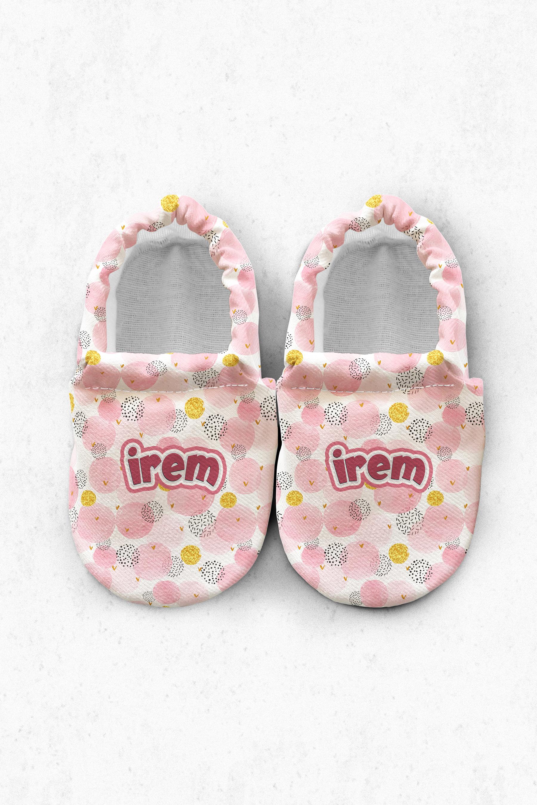 Kokopatik,Kişiye Özel, Kaydırmaz Taban, Ev Kreş Patiği, Unisex Bebek Patiği, Pamuklu Yenidoğan Patik, Pembe Baloncuk Desenli Patik