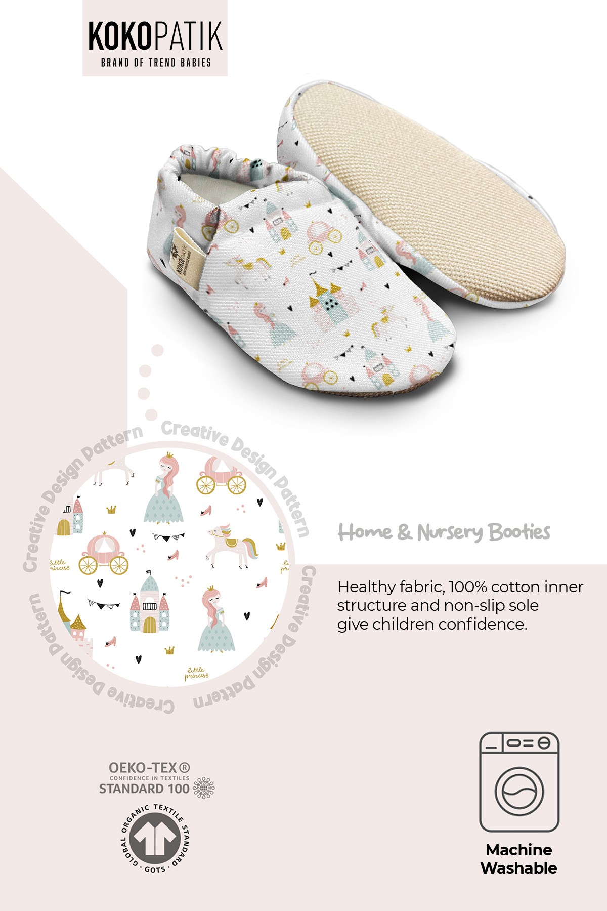 Kokopatik, Non-Slip Sole, Organic Cotton Lined Home Slippers, First Step Shoes, Little Princess Patterned Slippers