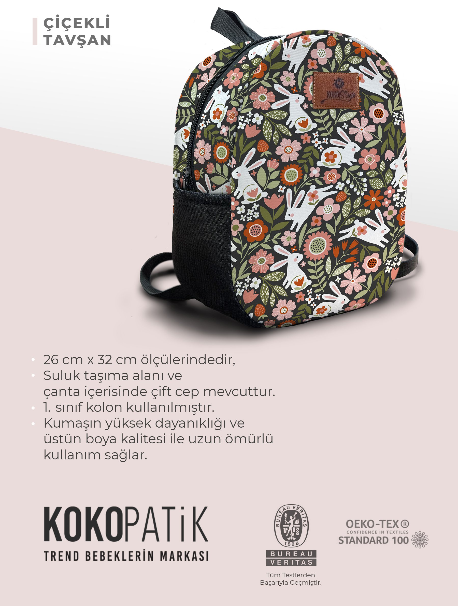 Çiçekli Tavşan Desen Orta Boy Kreş Çantası