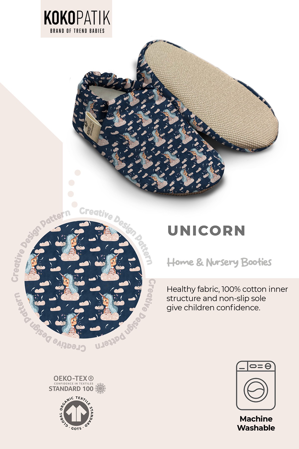 Kokopatik Non-Slip Sole, Indoor/Creche Booties, Unisex Baby Booties, Cotton Newborn Shoe, Unicorn Clouds Pattern