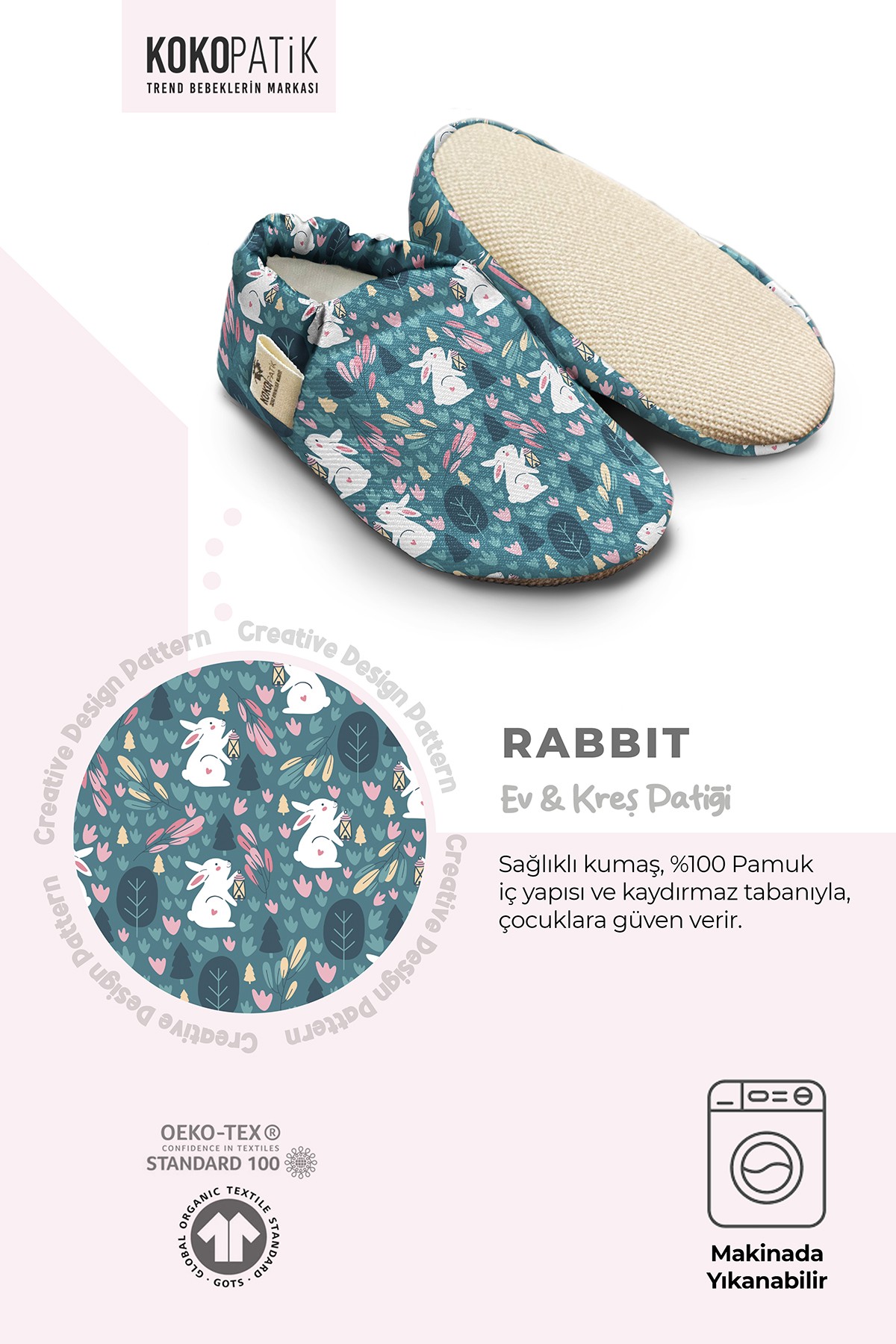Kokopatik,Kaydırmaz Taban,Ev Kreş Patiği,Unisex Bebek Patiği,Pamuklu Yenidoğan Patik,Rabbit Desenli Patik
