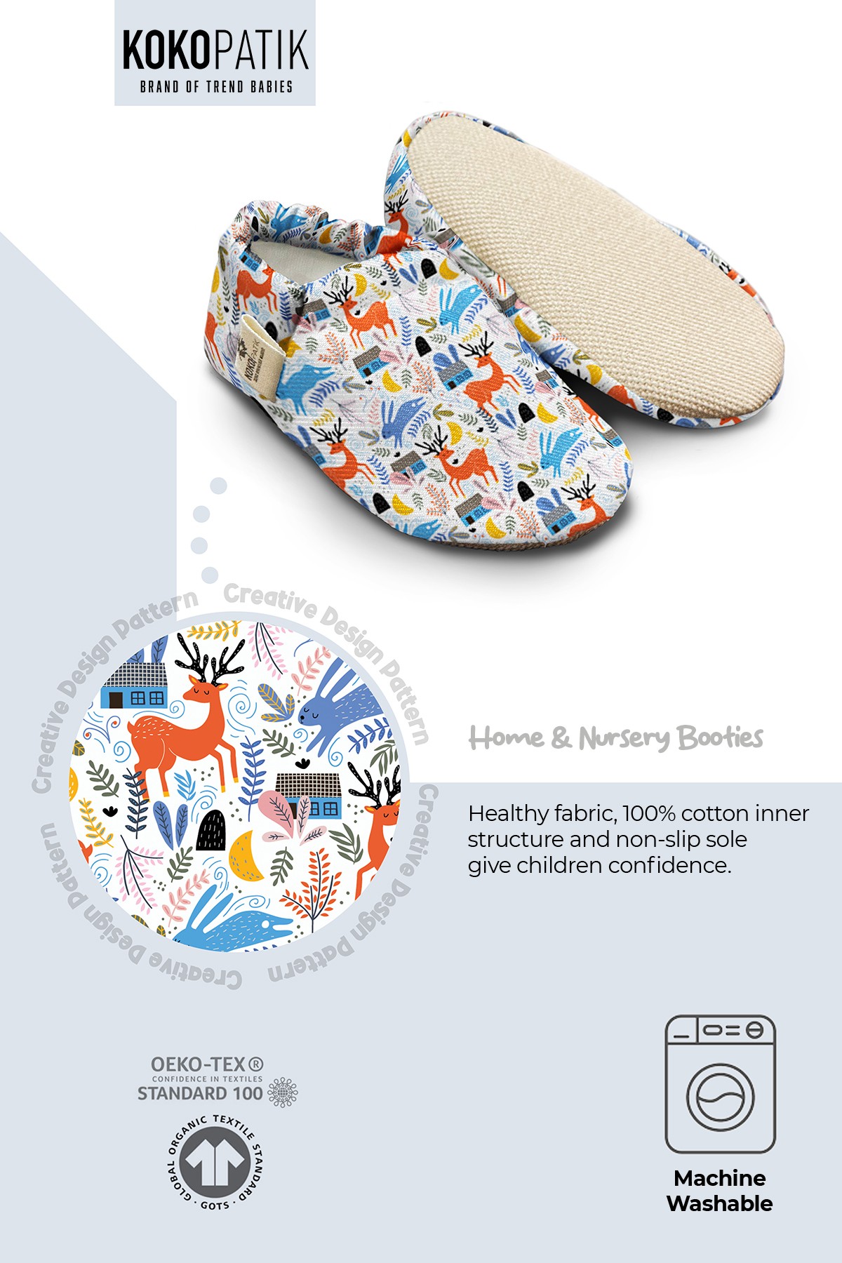 Kokopatik, Organic Cotton Baby Booties, Non-Slip Sole, Newborn Booties, Home Nursery Shoes, Wonderland Pattern Booties