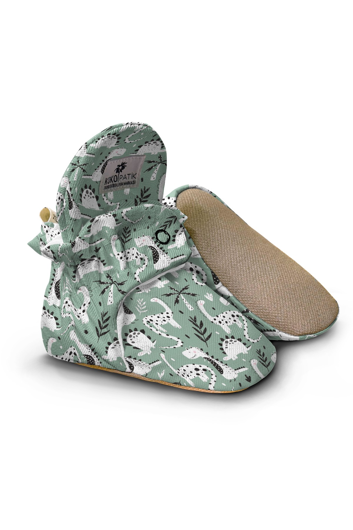 Green Dino Baby Booties – Non-Slip Organic Cotton Slippers for Toddlers