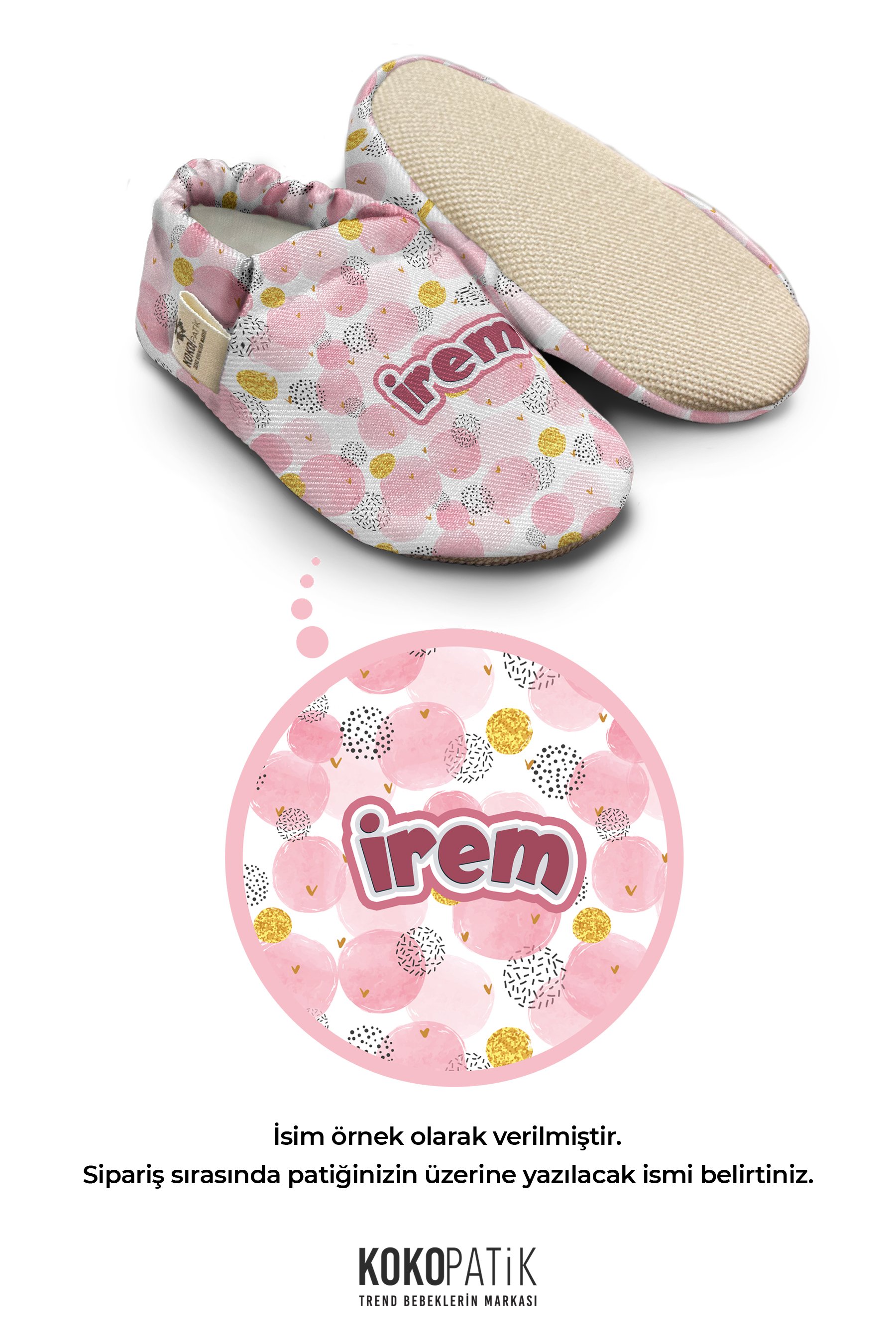 Kokopatik,Kişiye Özel, Kaydırmaz Taban, Ev Kreş Patiği, Unisex Bebek Patiği, Pamuklu Yenidoğan Patik, Pembe Baloncuk Desenli Patik