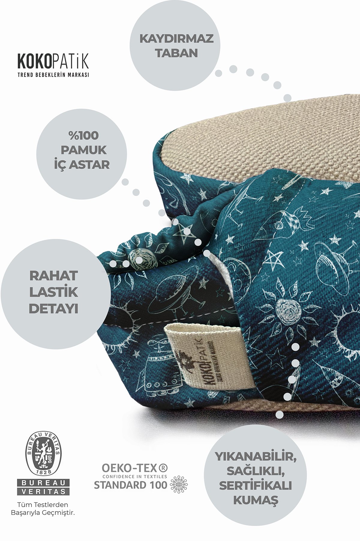 Kokopatik,Organik Pamuk Bebek Patiği,Kaydırmaz Taban,Yenidoğan Patik,Ev Kreş Ayakkabısı,Uzay Desen Patik