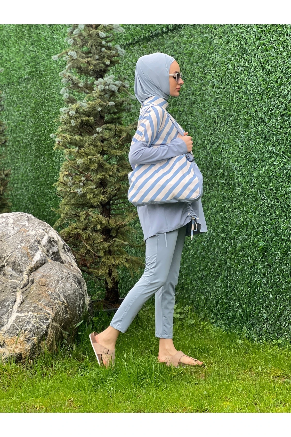 Camelya Tesettür Mayo Üzeri Desenli Çantalı 5 Parça 10365