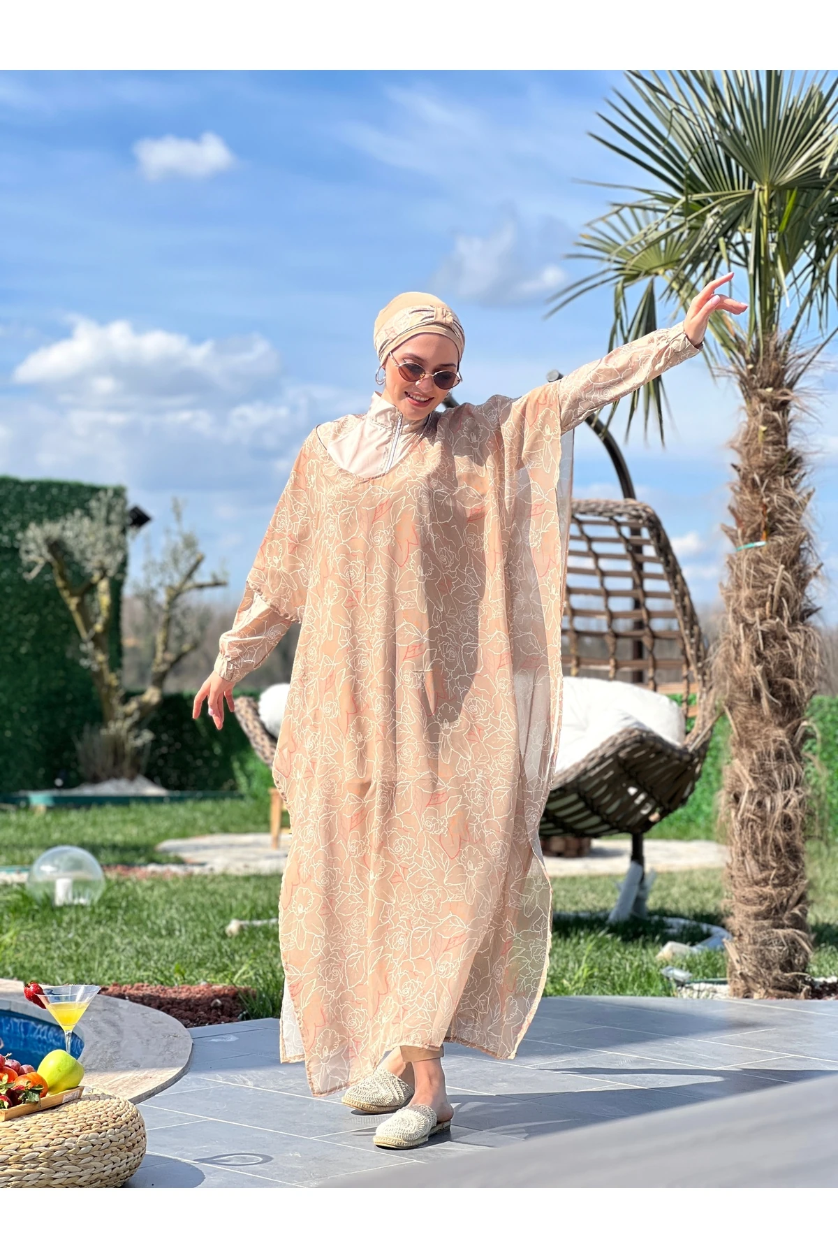 Camelya Pareolu Tam Kapalı Tesettür Mayo Takımı10037