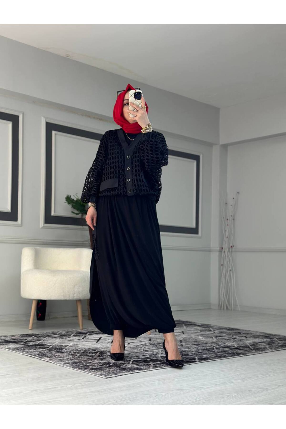 Fileli Üçlü Şalvar Takım