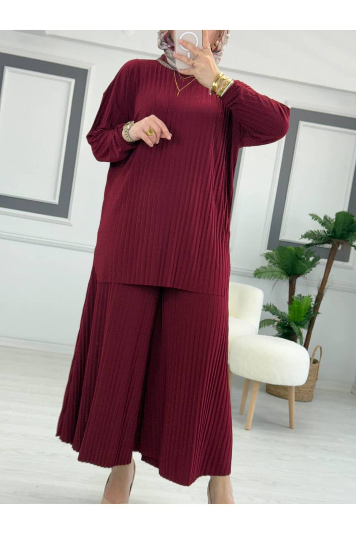 Sandy Komple Piliseli İkili Tesettür Pantolonlu Takım STD B eden