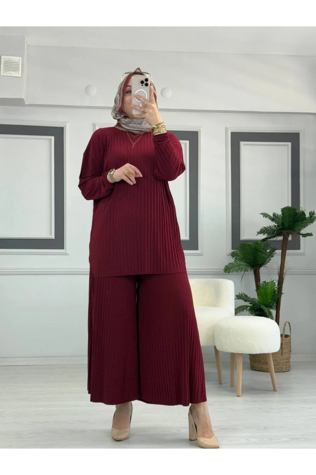 Sandy Komple Piliseli İkili Tesettür Pantolonlu Takım STD B eden