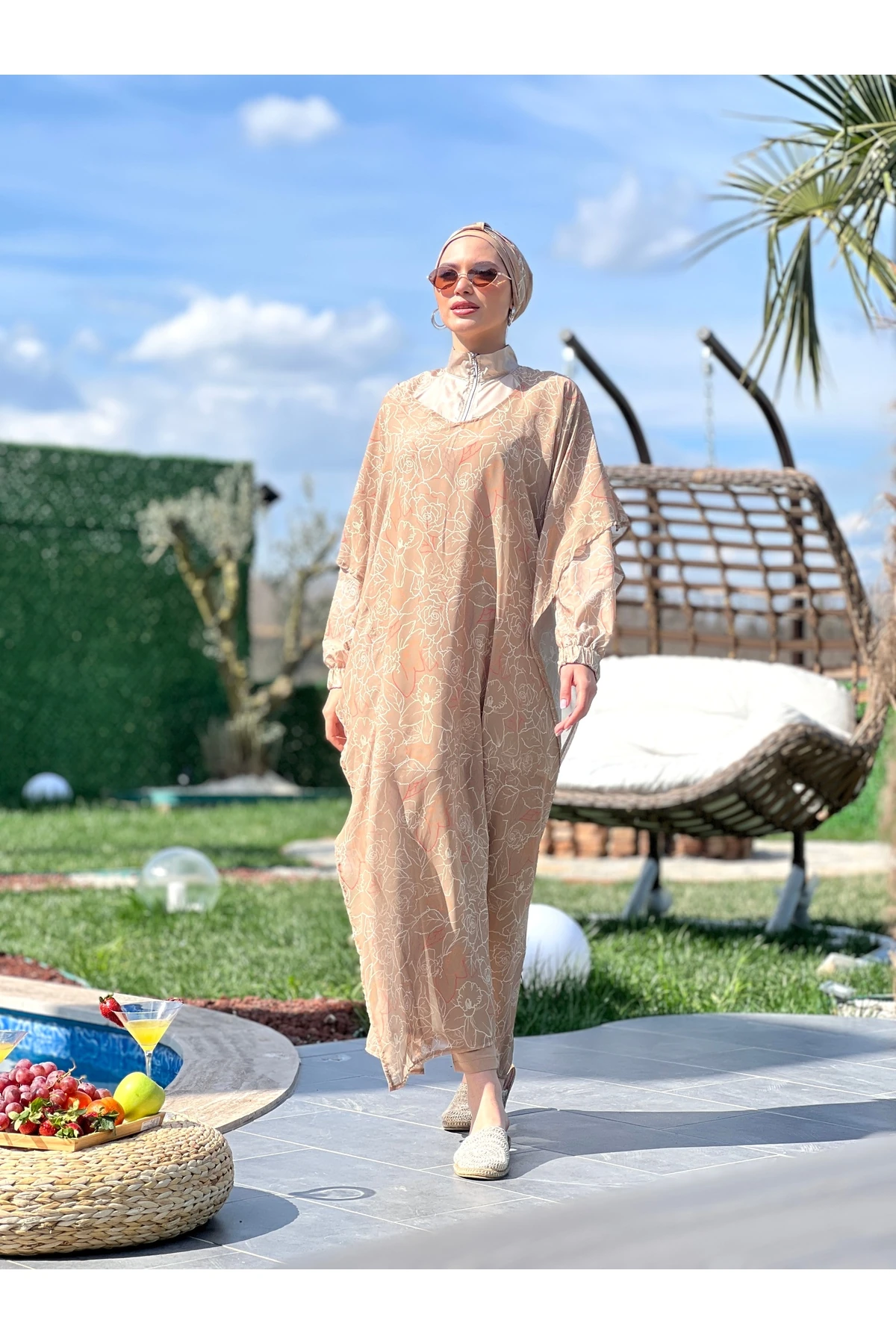 Camelya Pareolu Tam Kapalı Tesettür Mayo Takımı10037