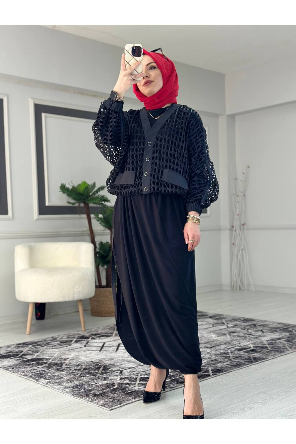 Fileli Üçlü Şalvar Takım