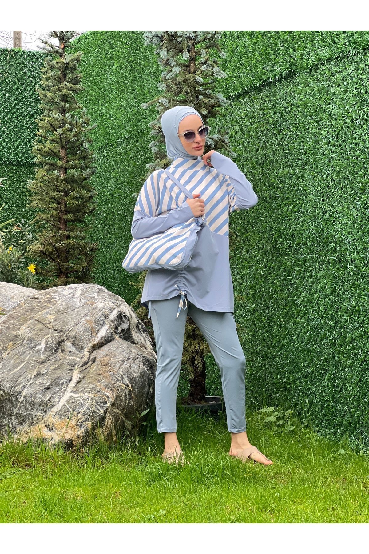 Camelya Tesettür Mayo Üzeri Desenli Çantalı 5 Parça 10365