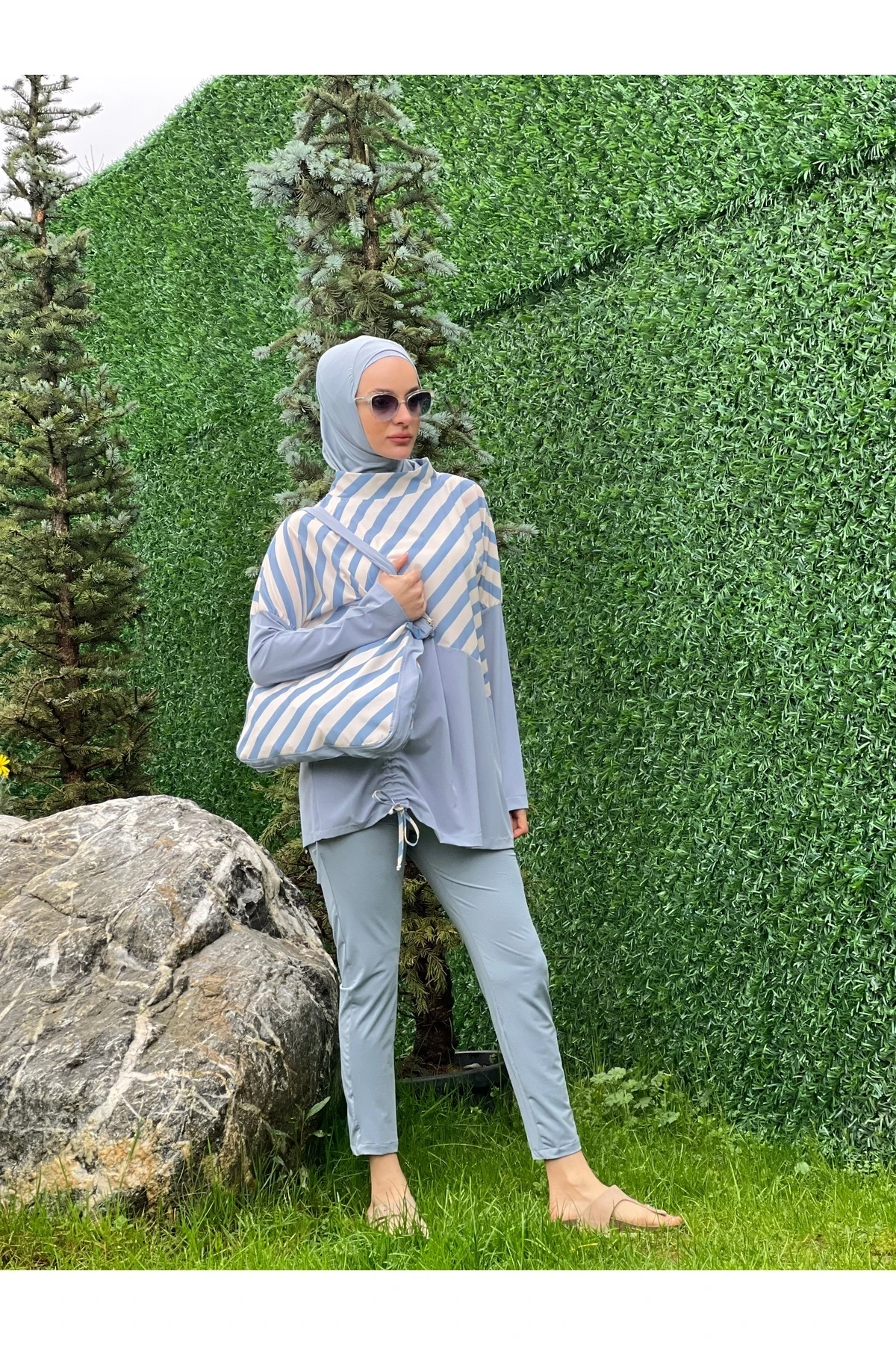 Camelya Tesettür Mayo Üzeri Desenli Çantalı 5 Parça 10365