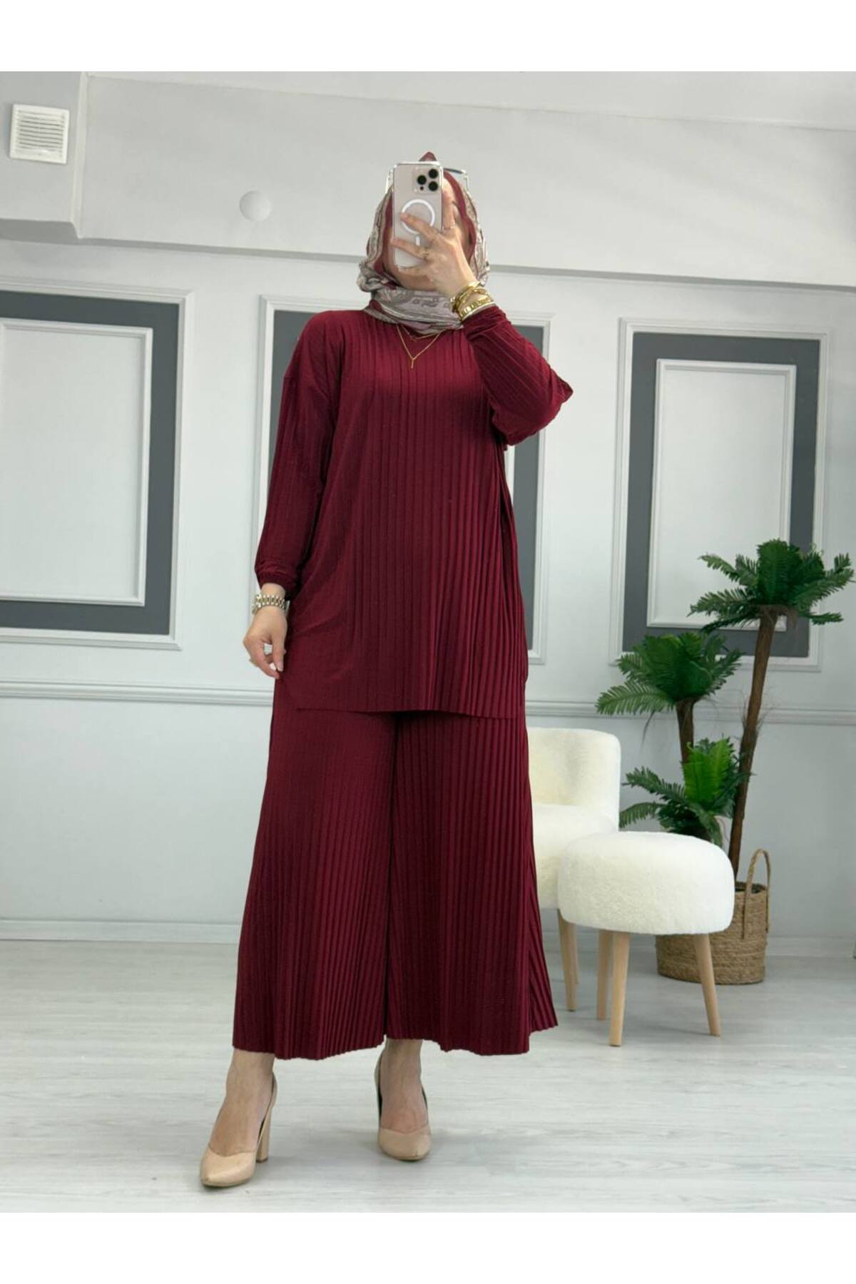 Sandy Komple Piliseli İkili Tesettür Pantolonlu Takım STD B eden