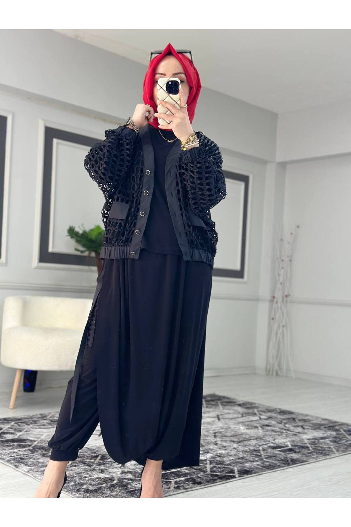 Fileli Üçlü Şalvar Takım