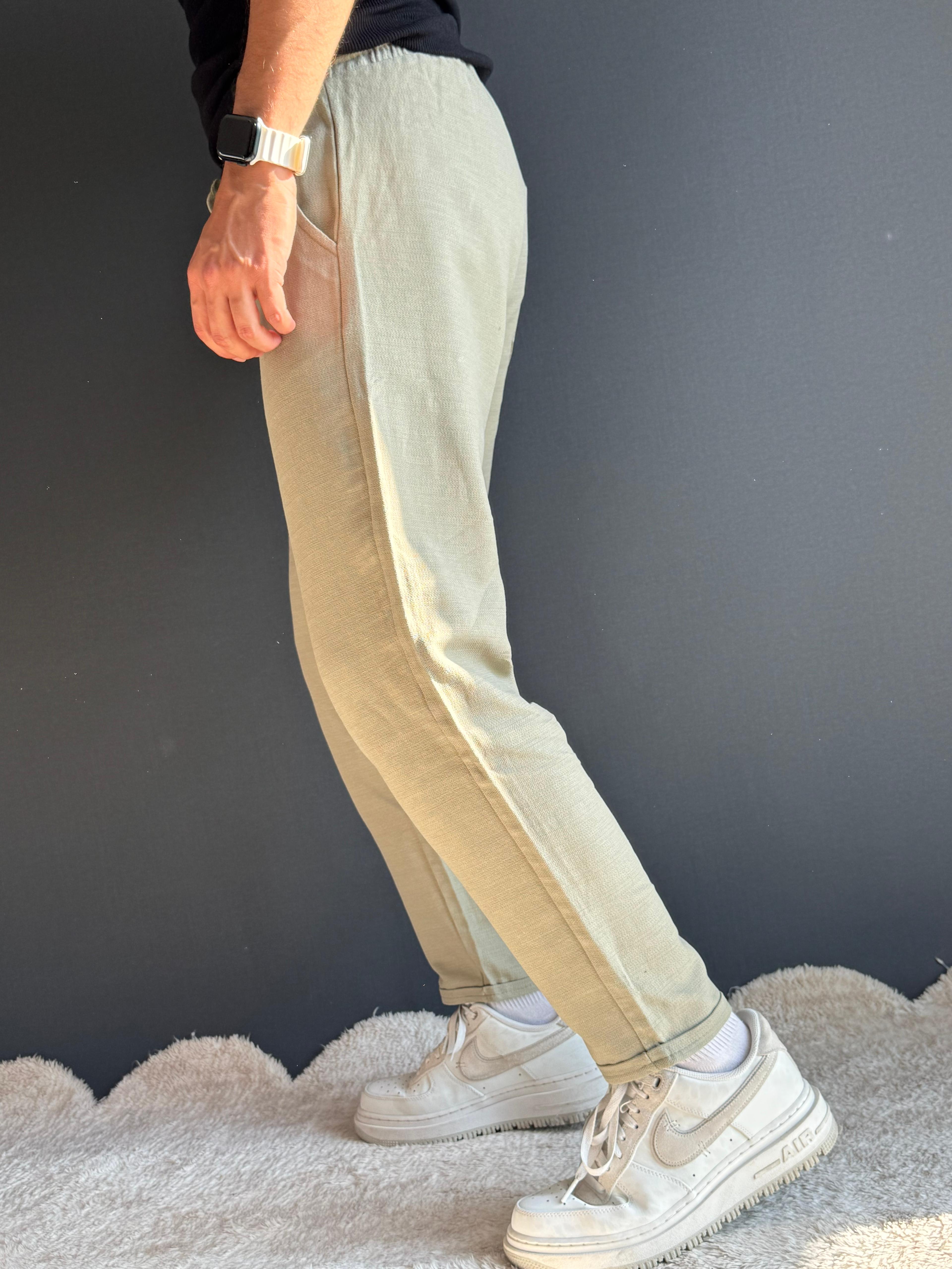 Premium Duble Paça Boyfriend Kalıp Keten Pantolon Haki