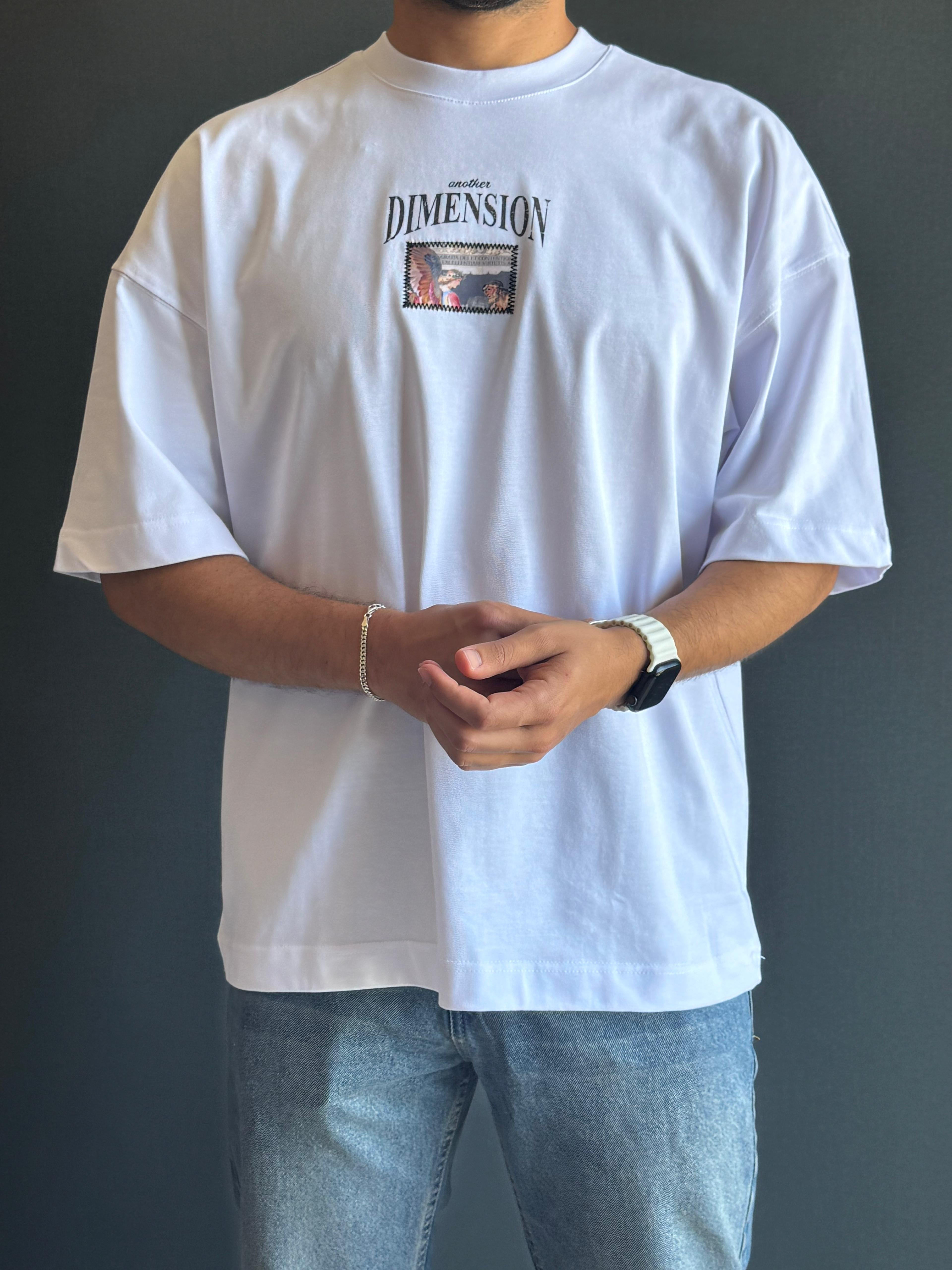 Premium Oversize Dimension Baskı Detaylı T-Shirt Beyaz