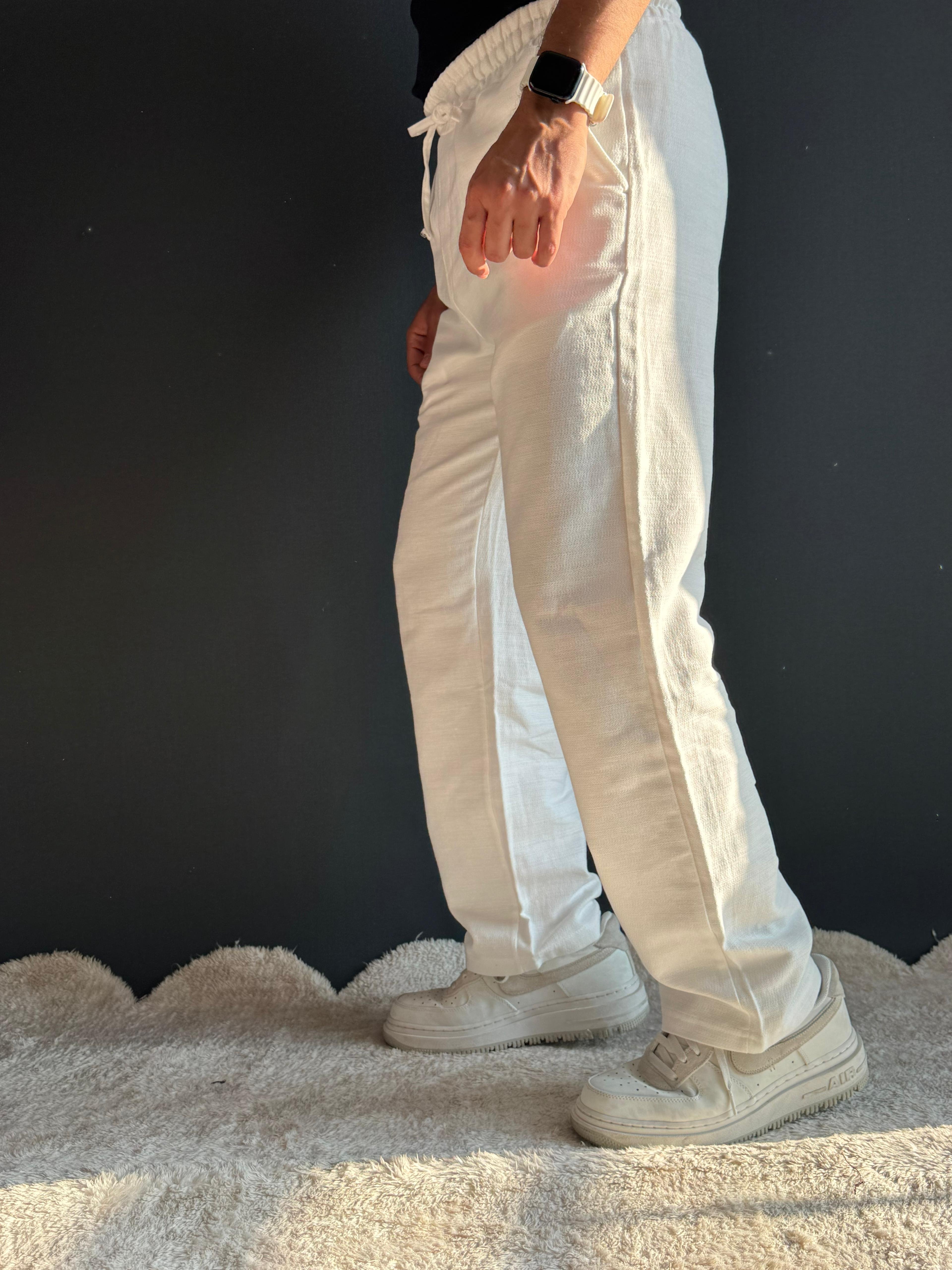 Premium Baggy Kalıp Düz Paça Keten Pantolon Beyaz