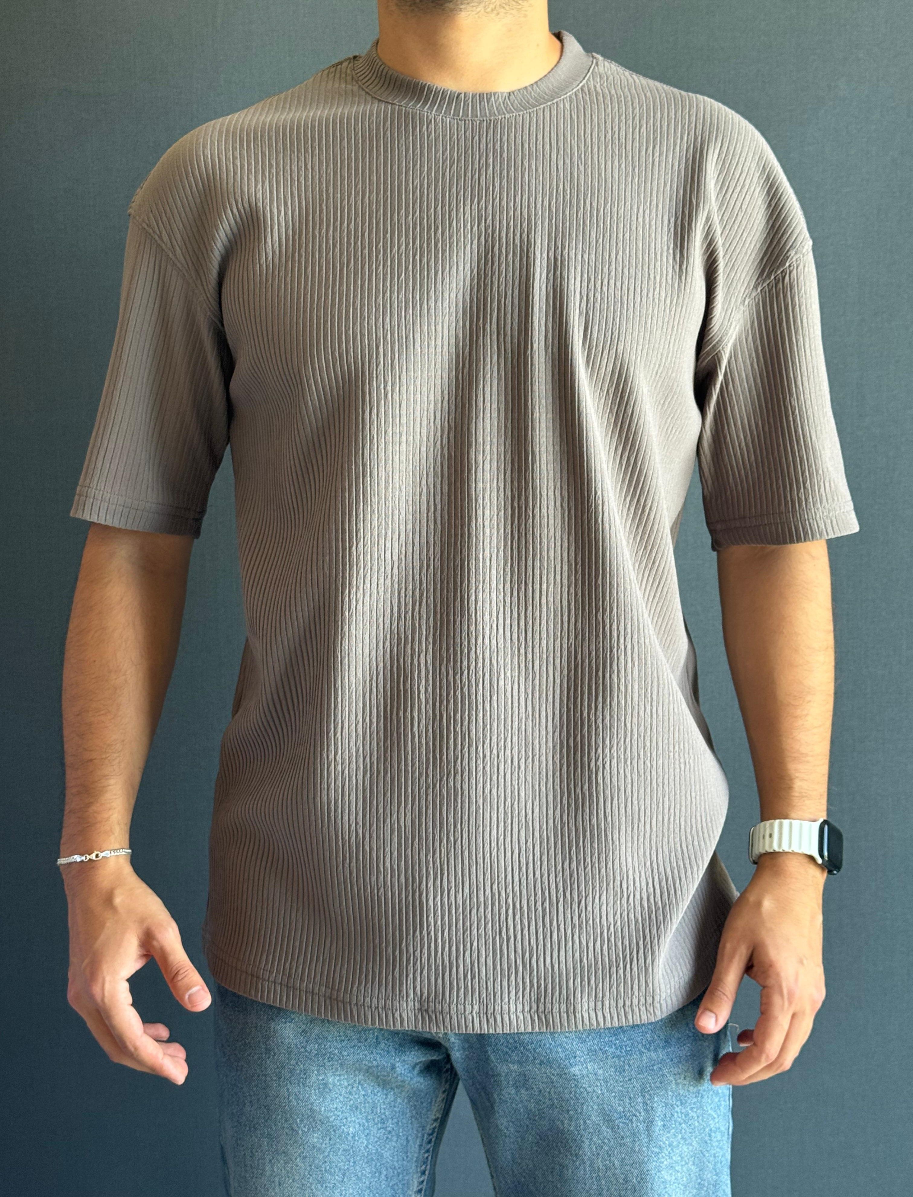 Bisiklet Yaka Oversize Kalıp Jakar T-Shirt Kahverengi