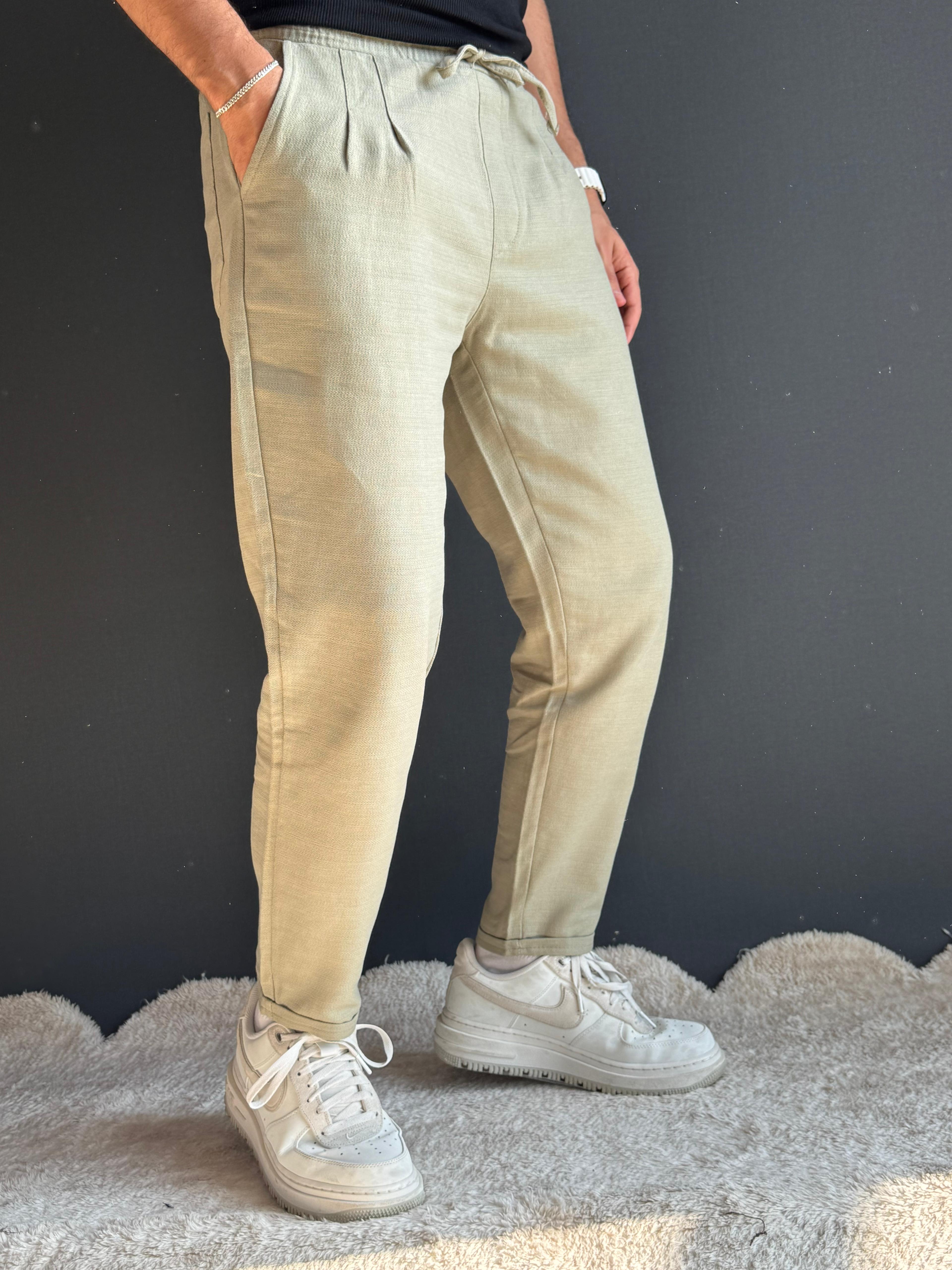Premium Duble Paça Boyfriend Kalıp Keten Pantolon Haki