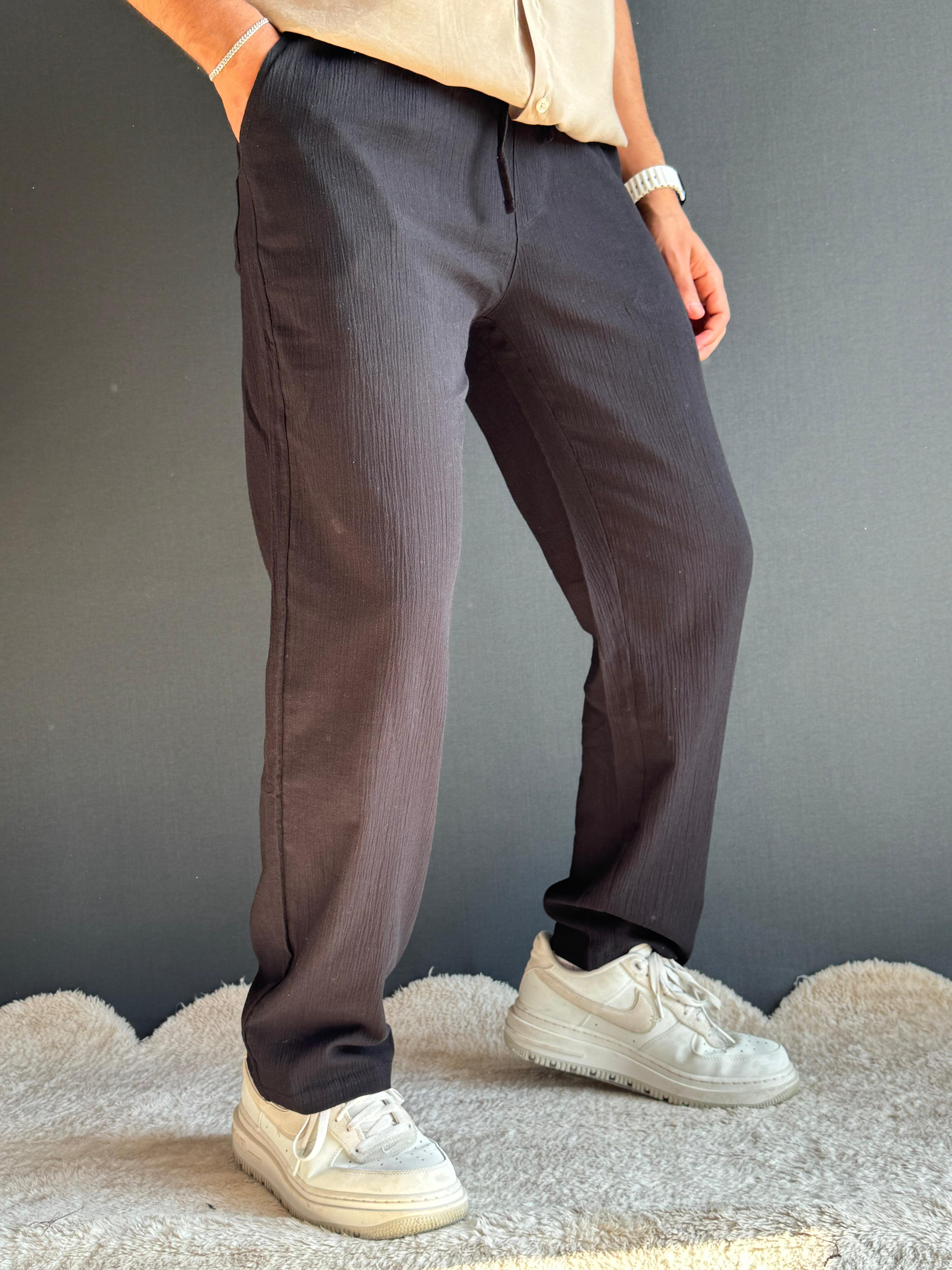Premium Gofre Kumaş Baggy Kalıp Pantolon Siyah