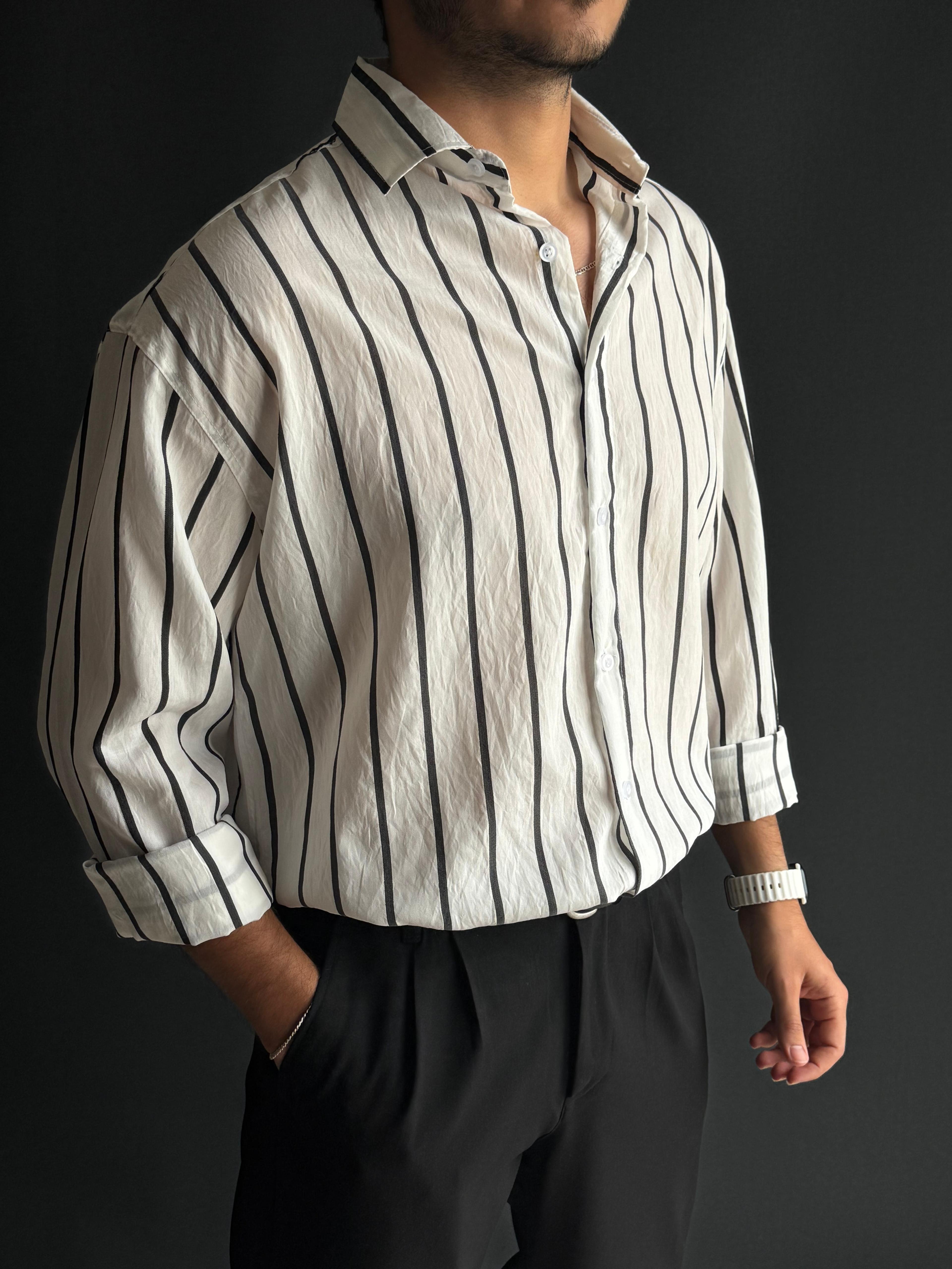 Premium Modal Oversize Kalıp Çizgi Detaylı Gömlek Beyaz
