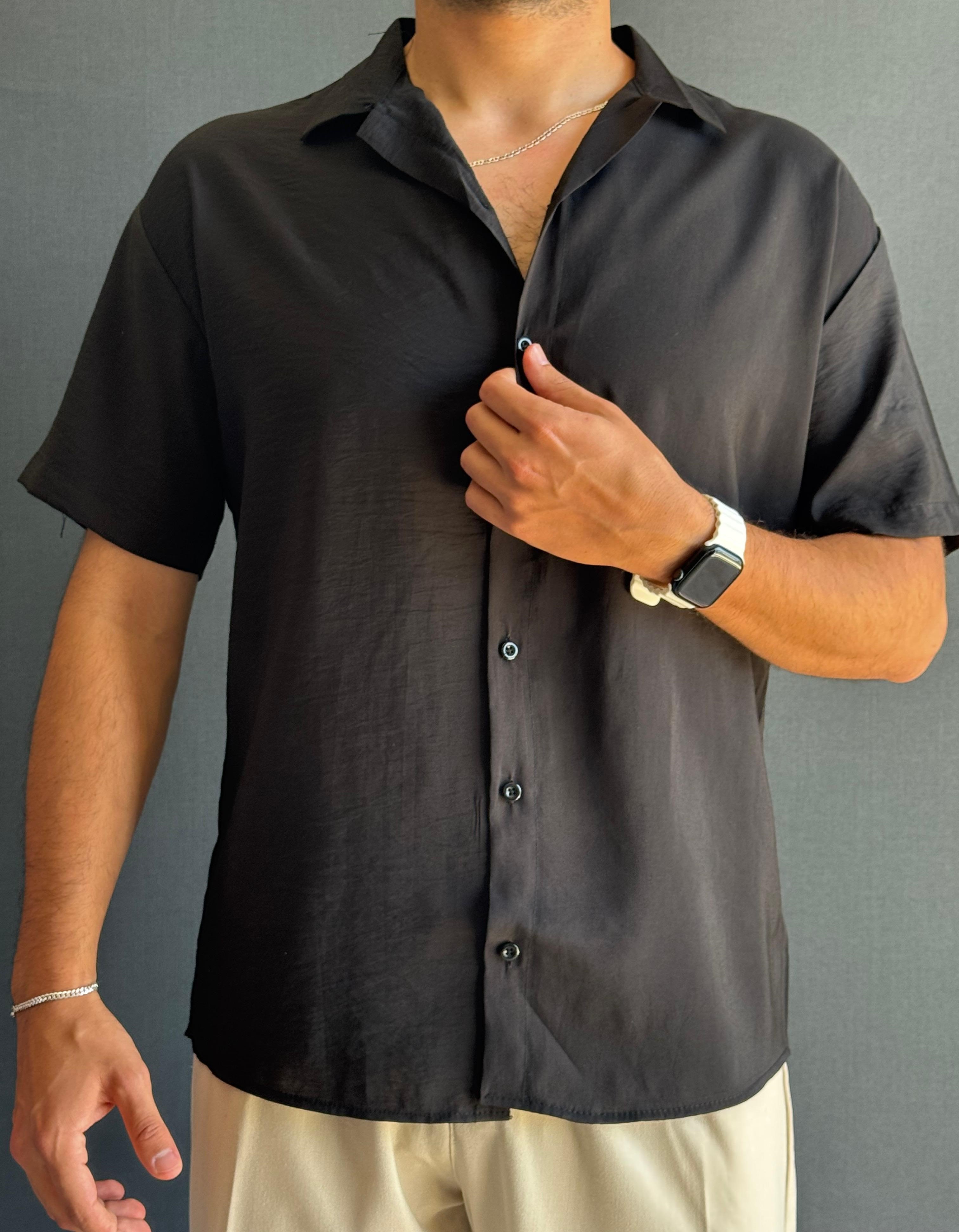 Premium Modal Oversize Kalıp Kısa Kollu Gömlek Siyah