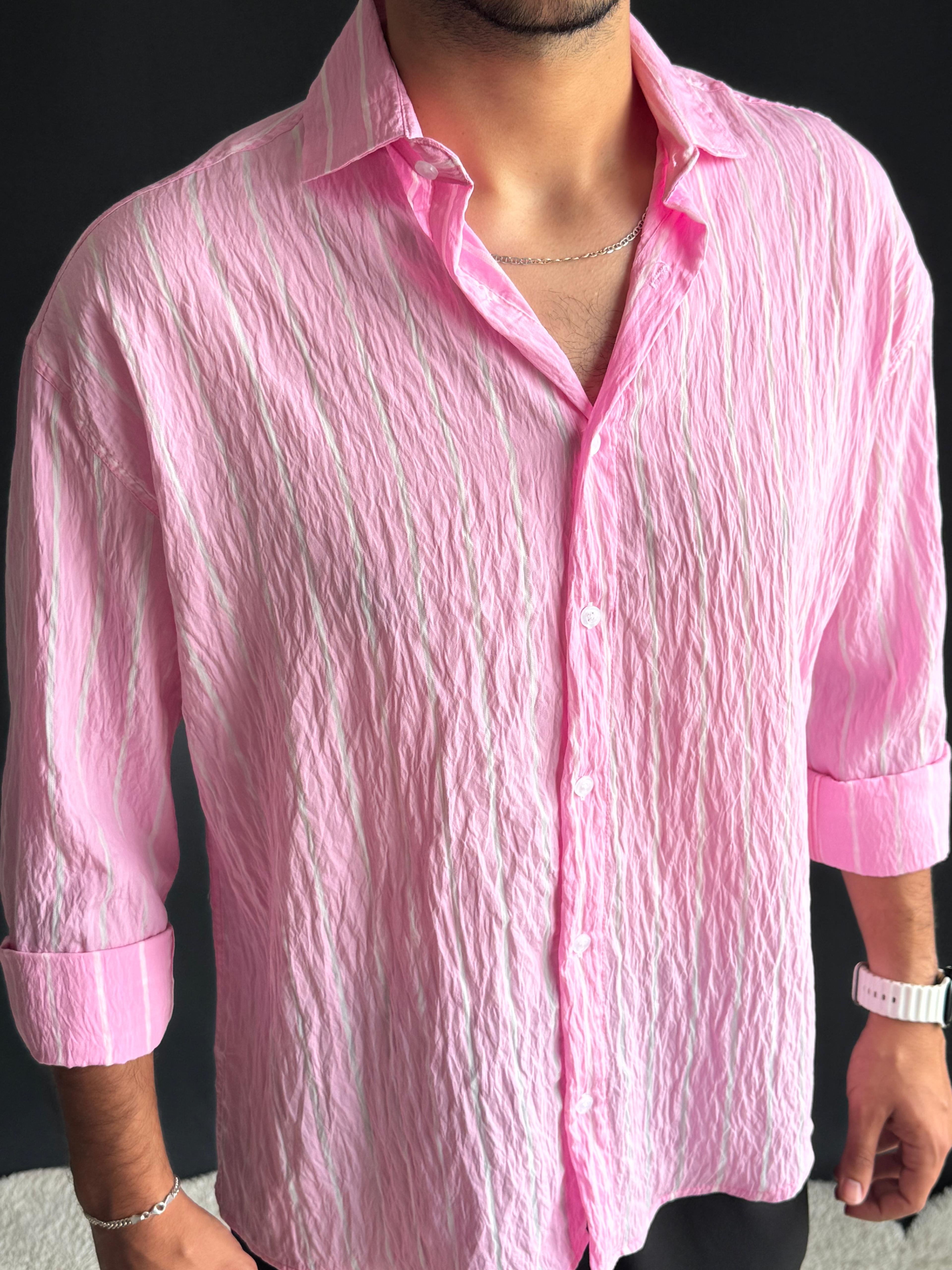 Premium Modal Oversize Kalıp Çizgi Detaylı Gömlek Pembe