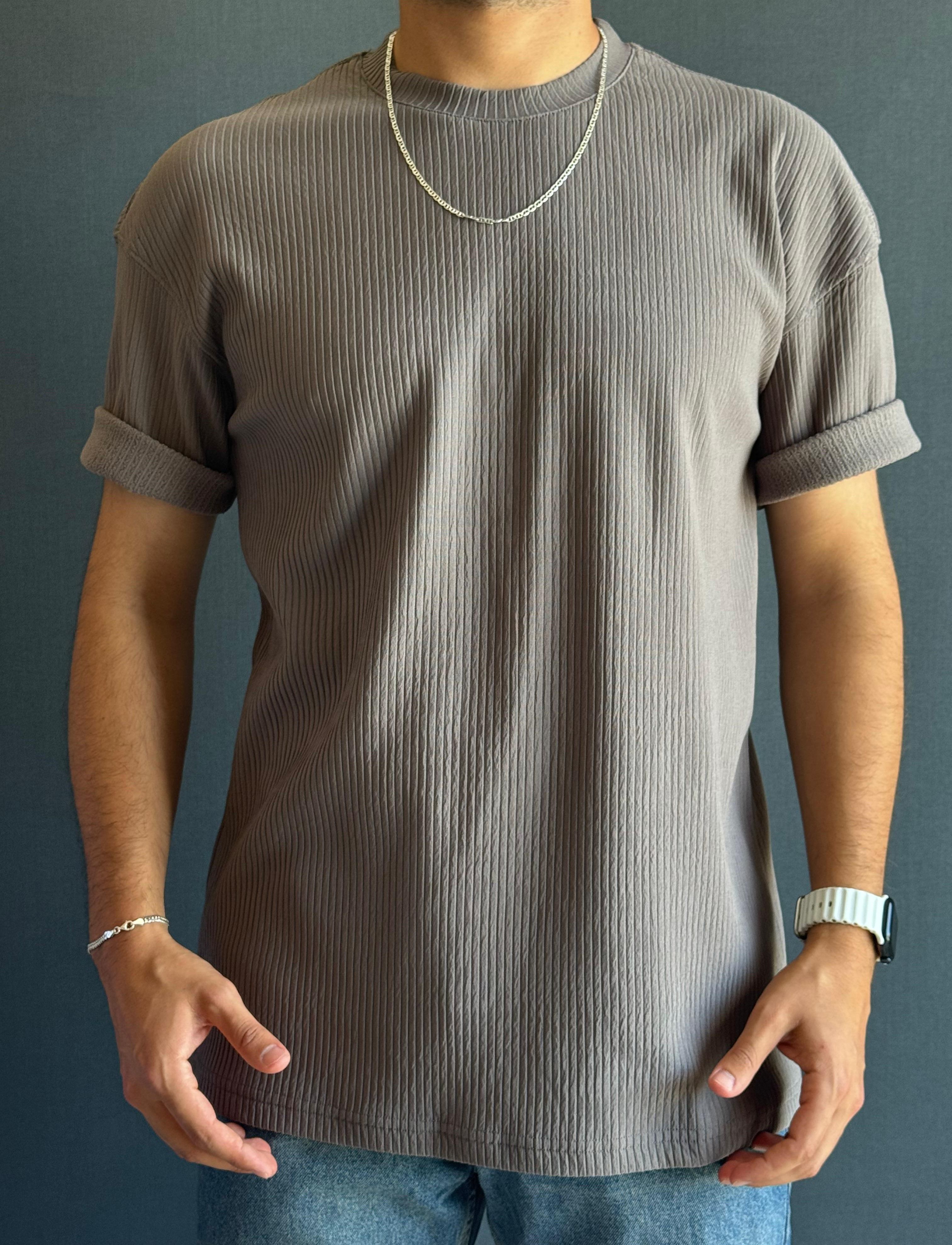 Bisiklet Yaka Oversize Kalıp Jakar T-Shirt Kahverengi