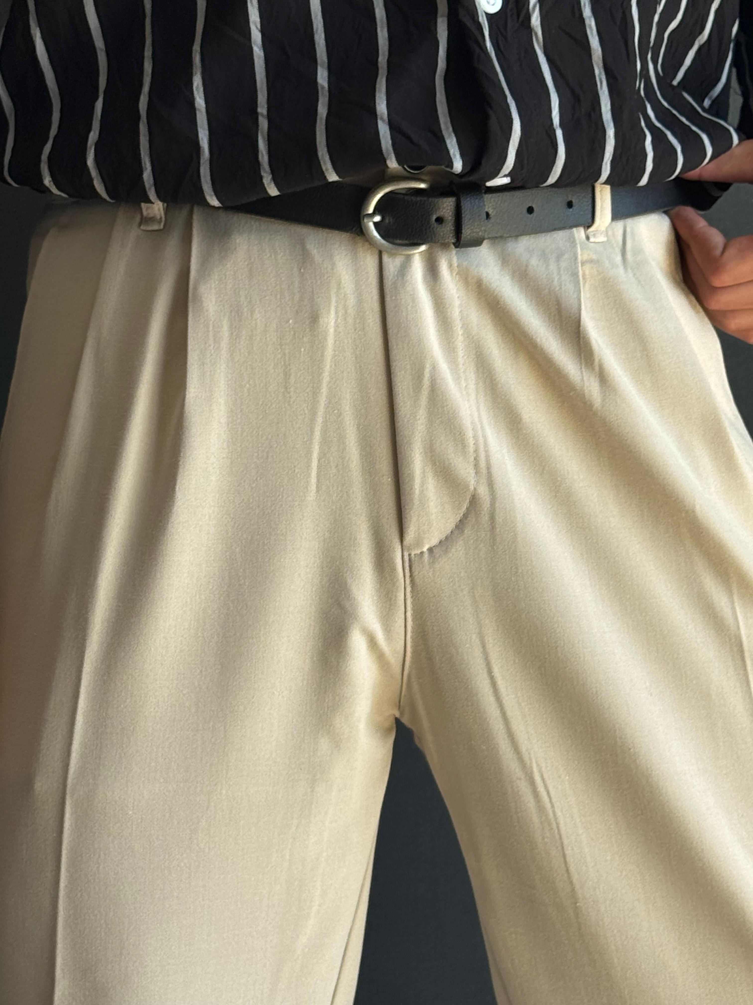 Yüksek Kaliteli Kumaş Pantolon Baggy Kalıp Krem
