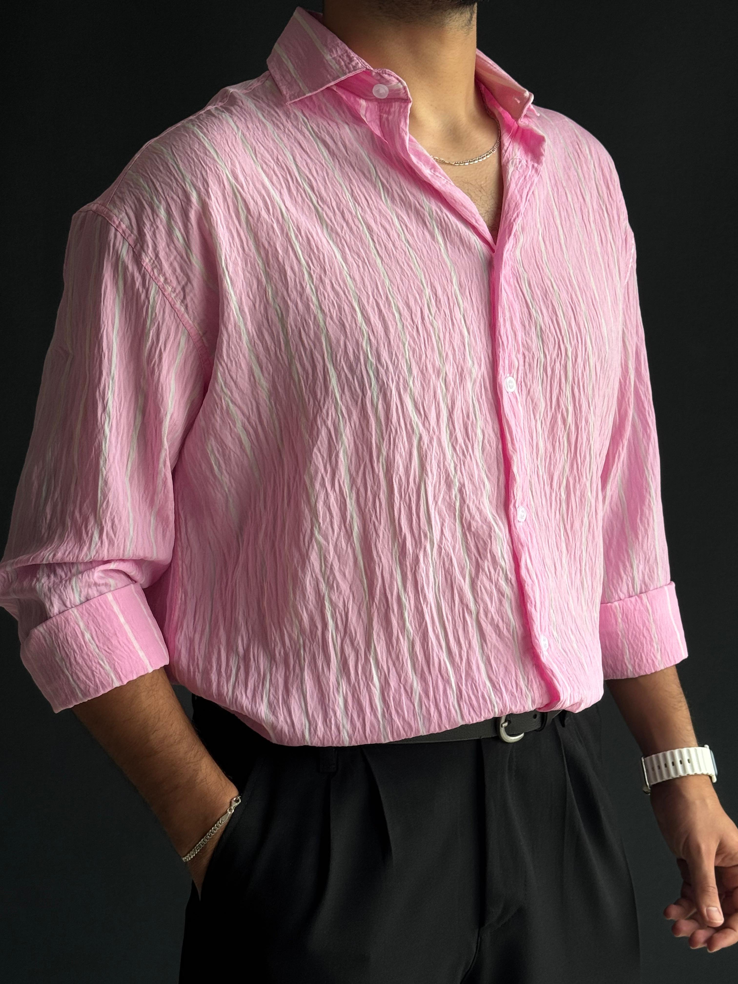Premium Modal Oversize Kalıp Çizgi Detaylı Gömlek Pembe