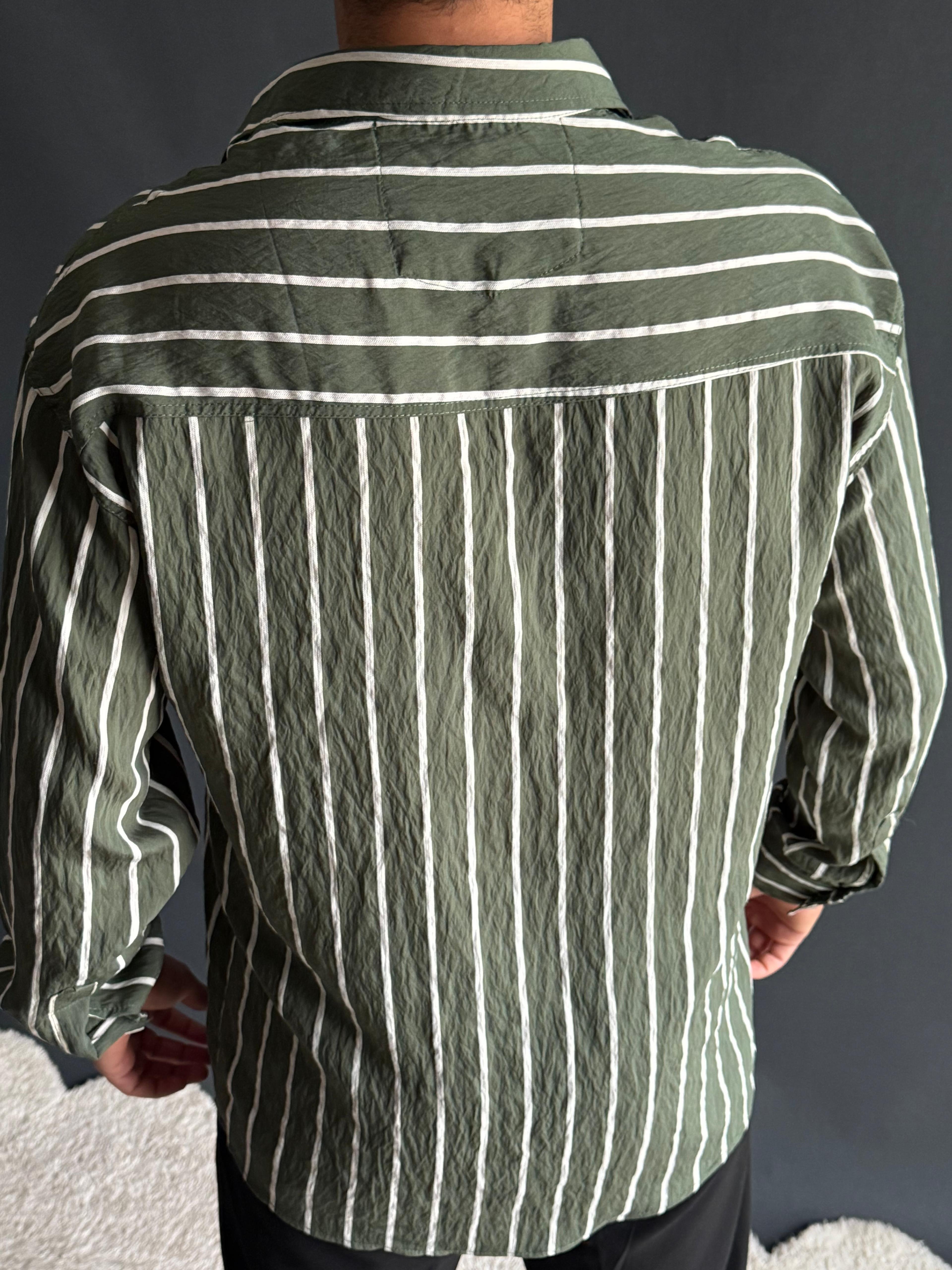 Premium Modal Oversize Kalıp Çizgi Detaylı Gömlek Haki