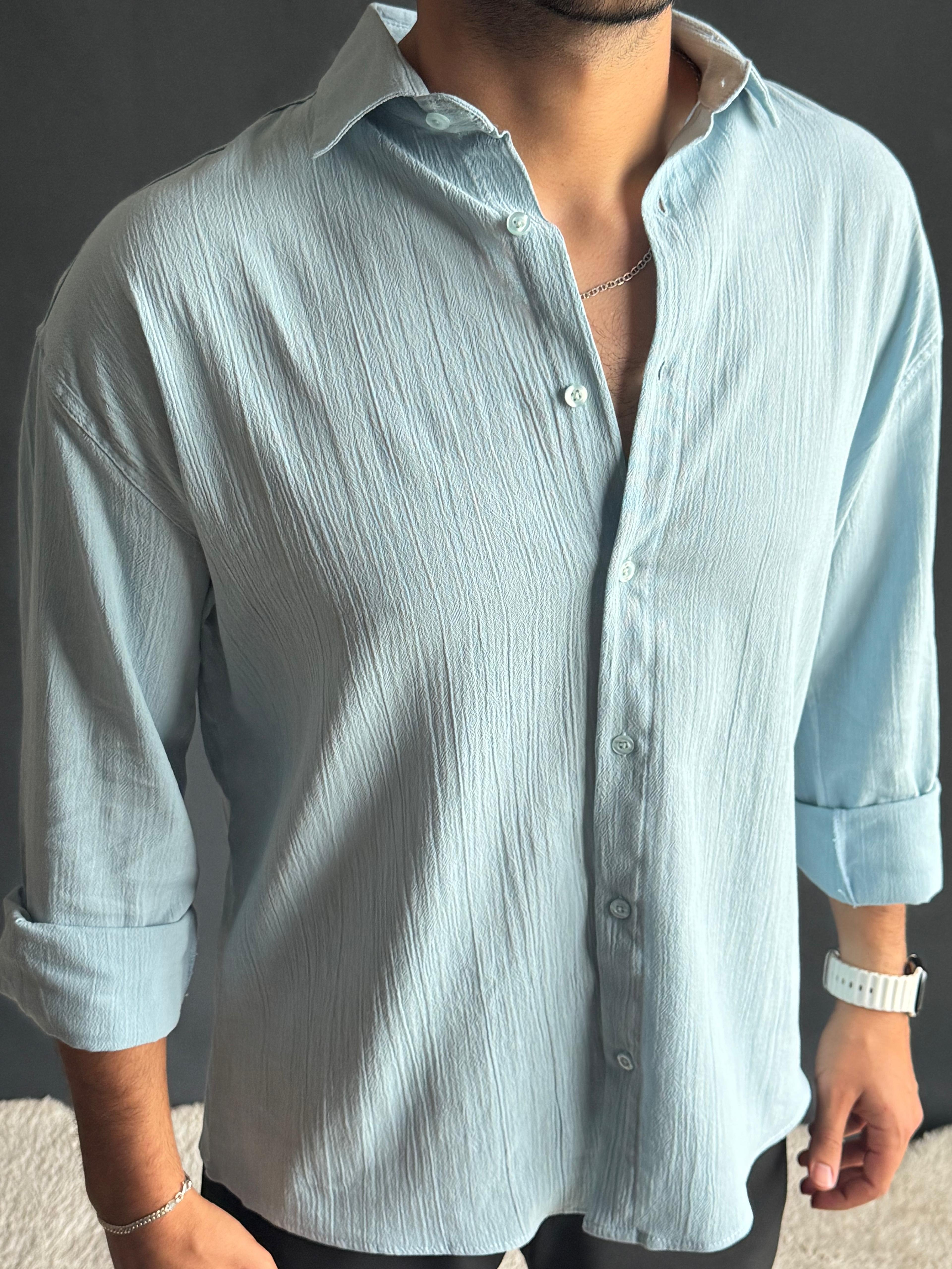 Premium Oversize Kalıp Krinkıl Gömlek Bebe Mavi