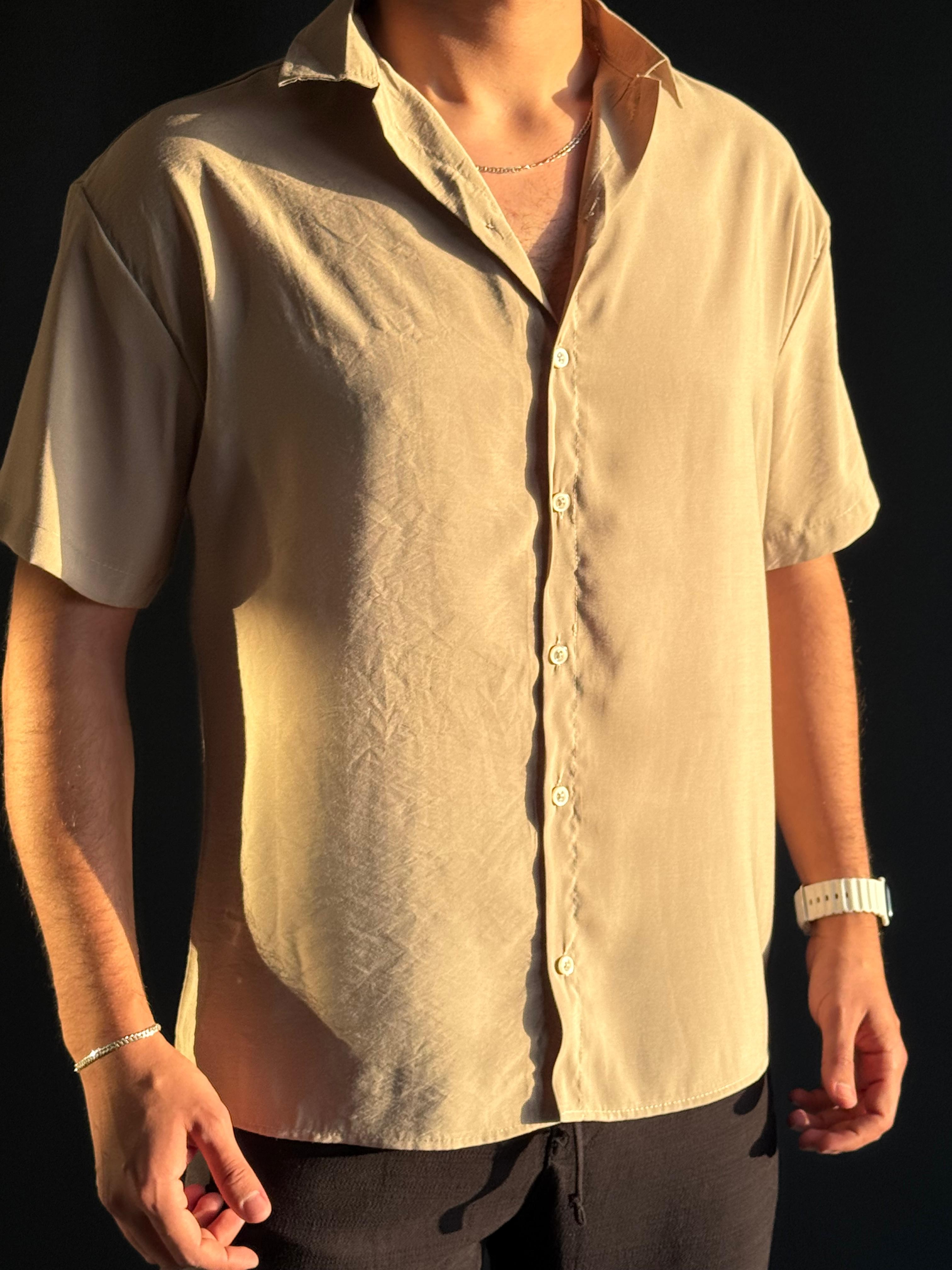 Premium Modal Oversize Kalıp Kısa Kollu Gömlek Bej