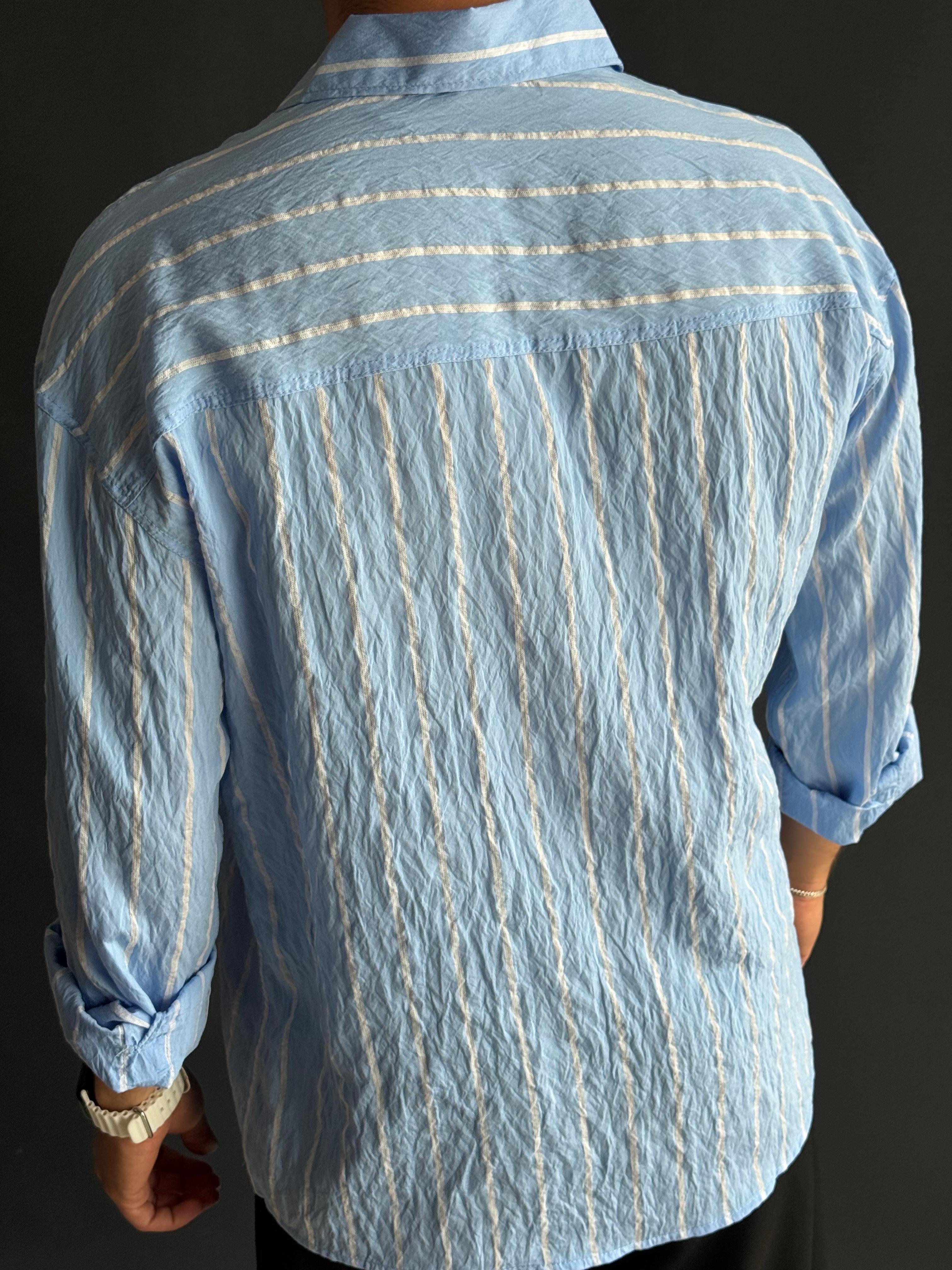 Premium Modal Oversize Kalıp Çizgi Detaylı Gömlek Mavi