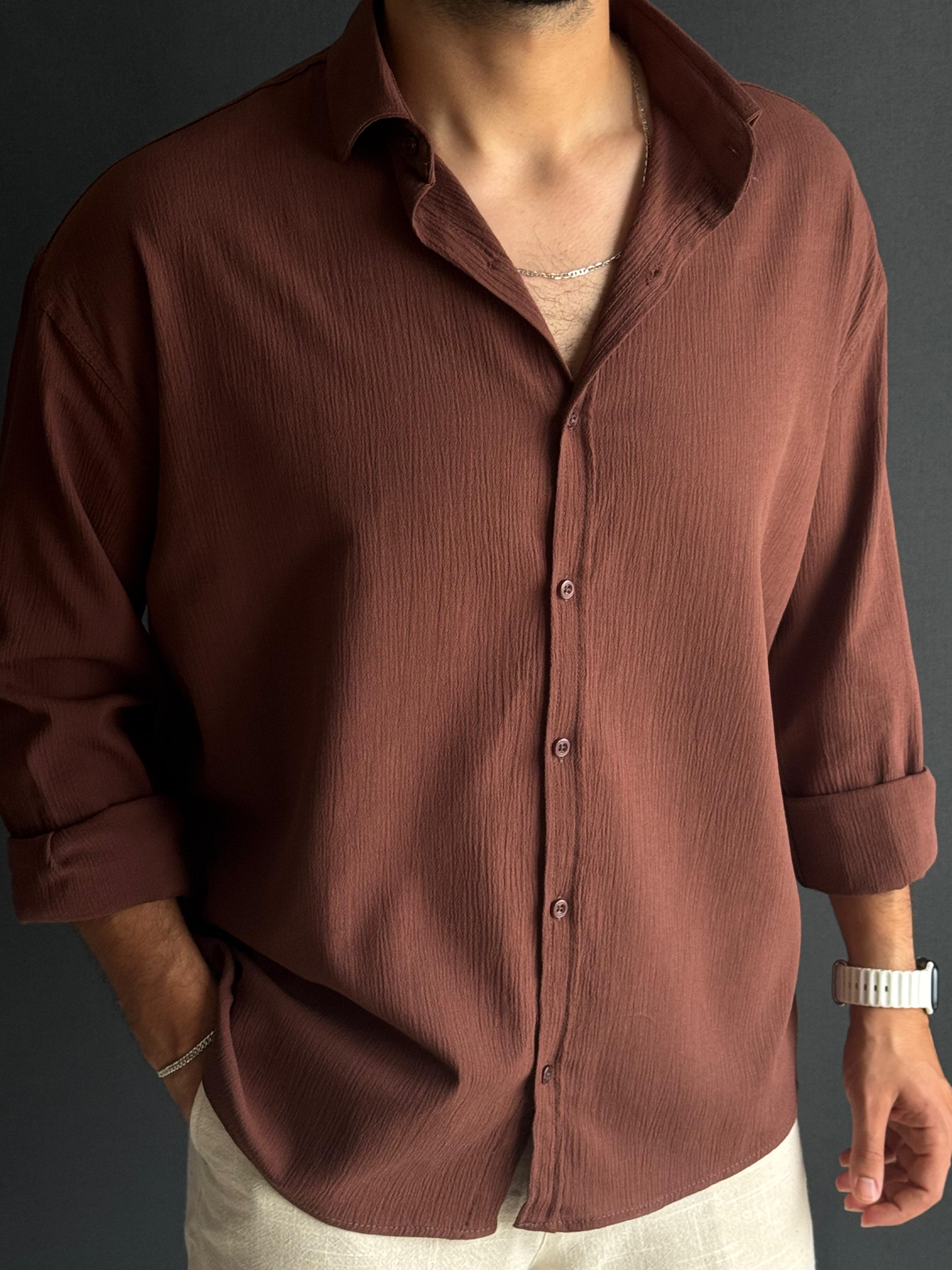 Premium Oversize Kalıp Krinkıl Gömlek Kahverengi