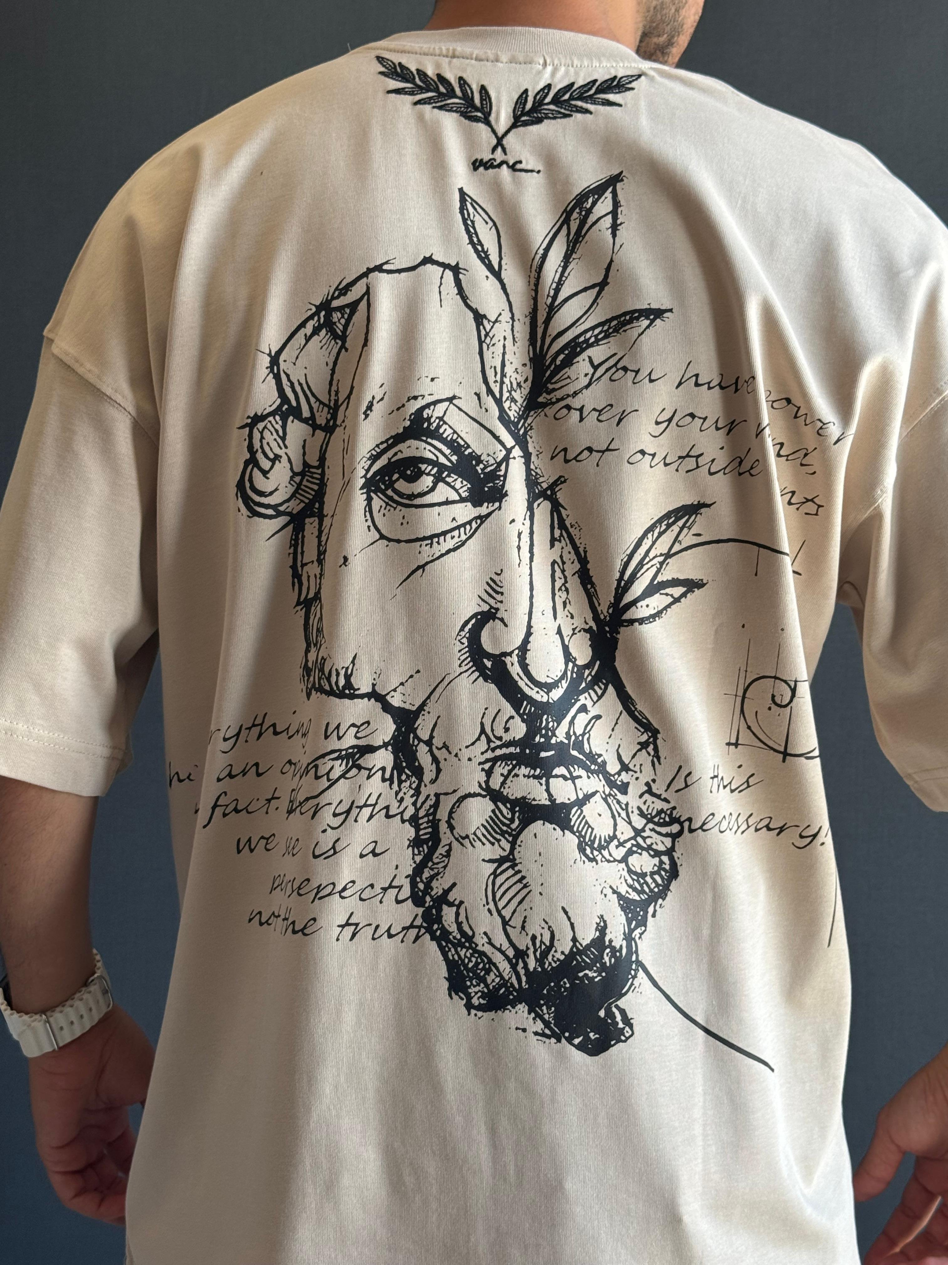 Premium Oversize Philosopher Detaylı T-Shirt Bej 
