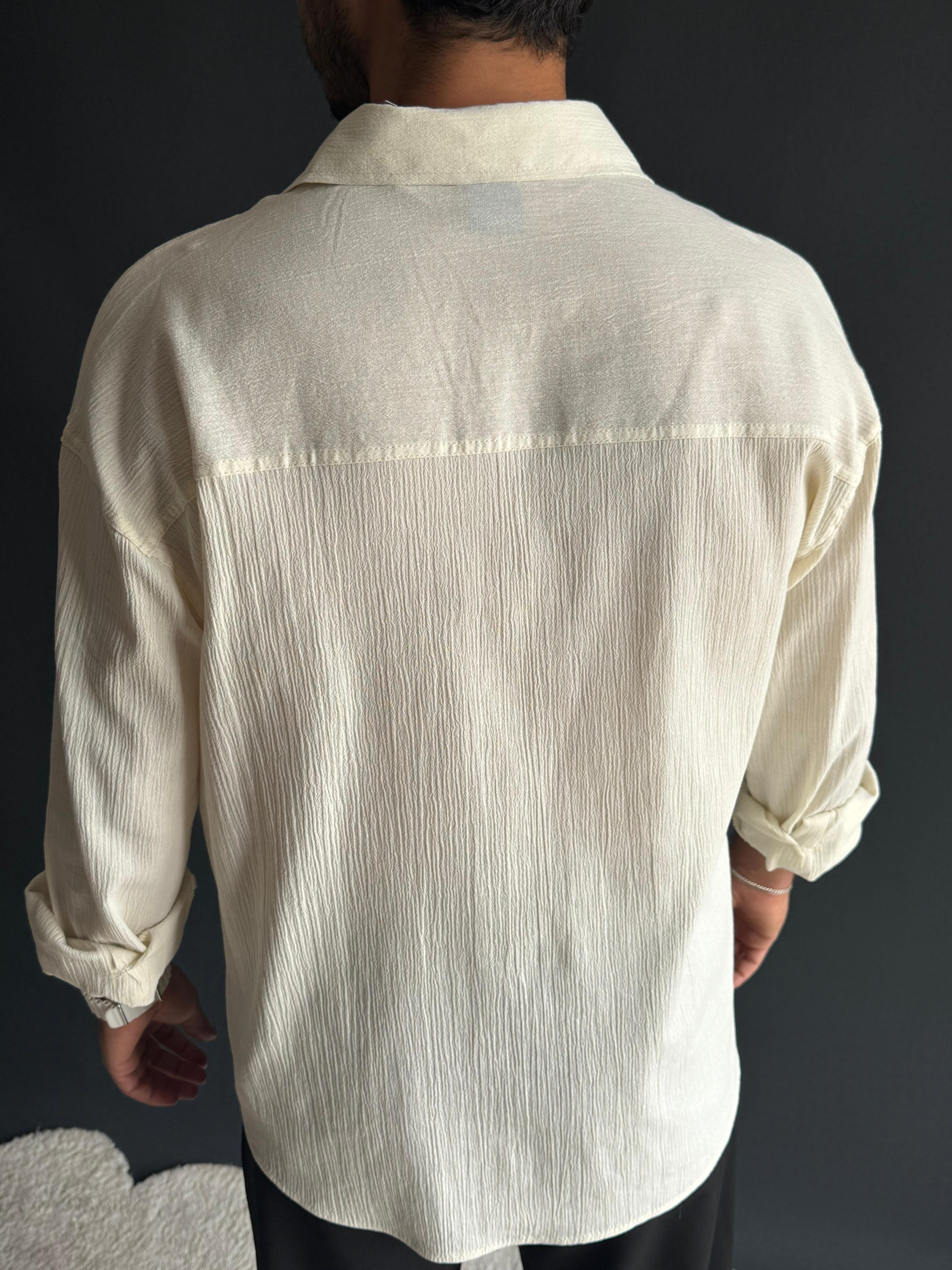 Premium Oversize Kalıp Krinkıl Gömlek Krem