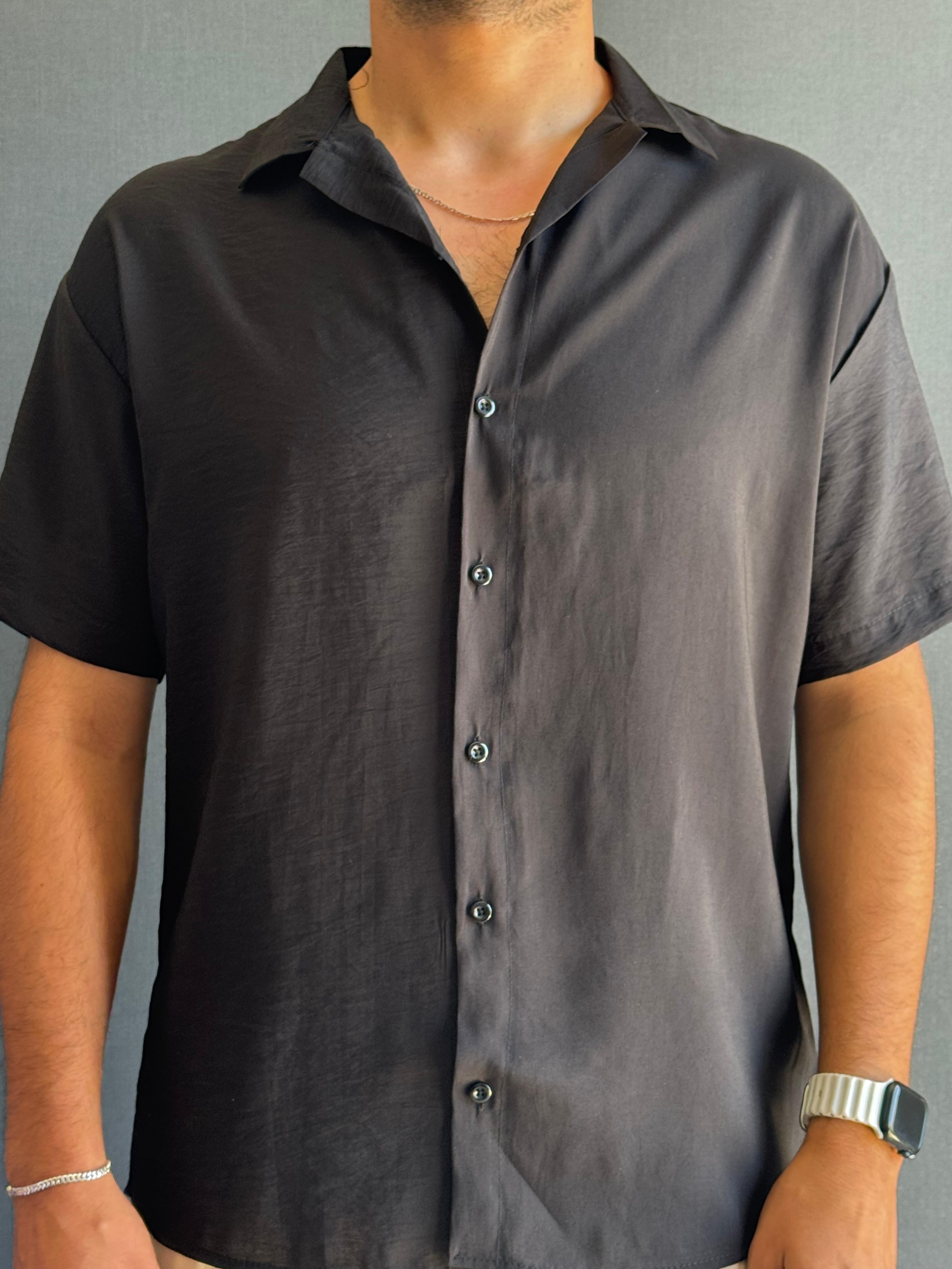 Premium Modal Oversize Kalıp Kısa Kollu Gömlek Siyah